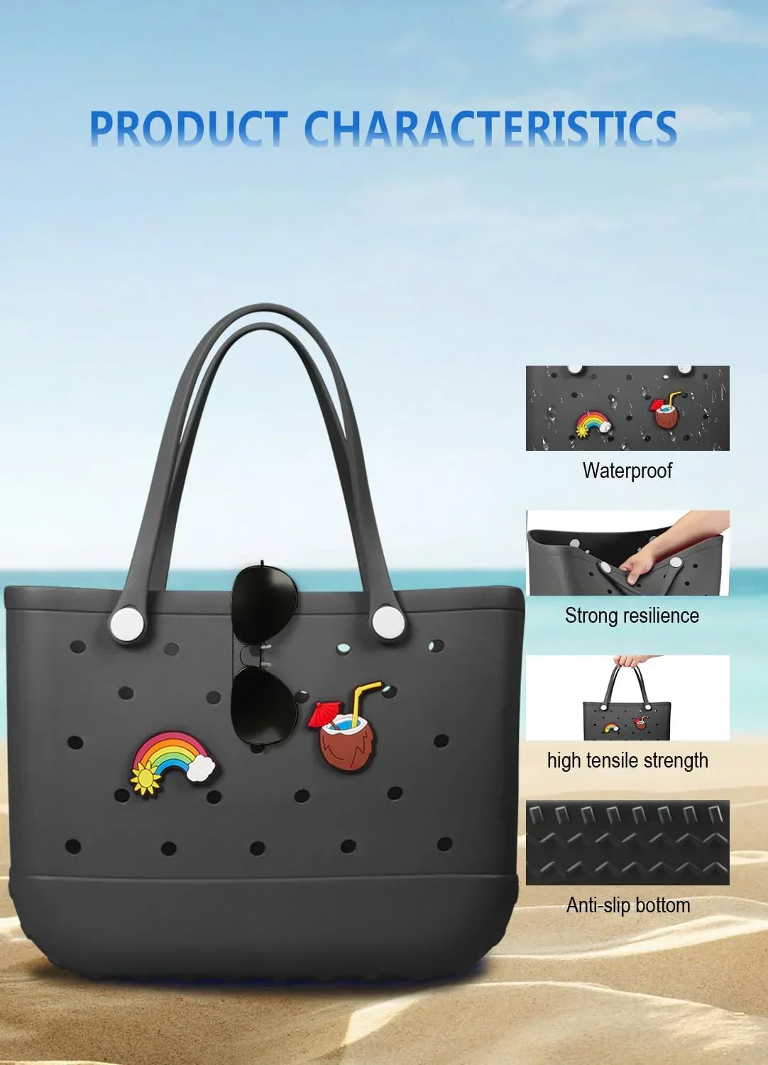 EVA Beach Tote Bag for Swimming, Pool & Travel – Waterproof Washable Rubber Handbag with 2 Random Charms, Lightweight & Sand-Resistant (Black) | Other Colors Available in Store