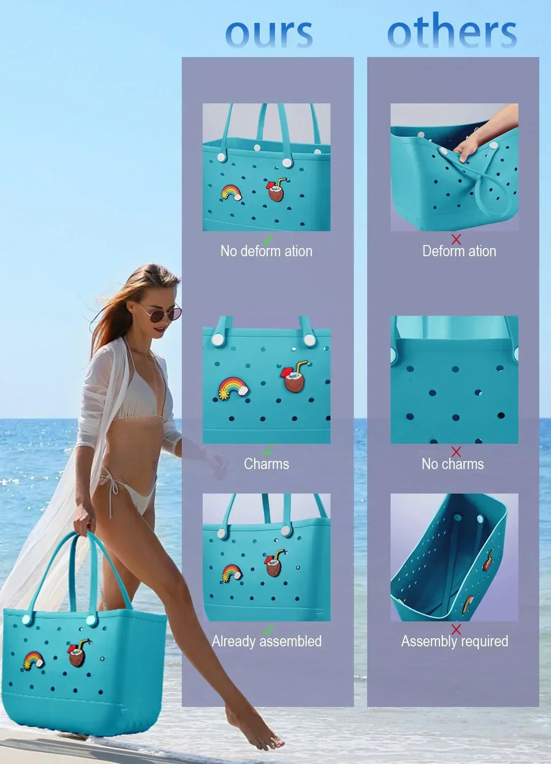 EVA Beach Tote Bag for Swimming, Pool & Travel – Waterproof Washable Rubber Handbag with 2 Random Charms, Lightweight & Sand-Resistant (Blue) | Other Colors Available in Store