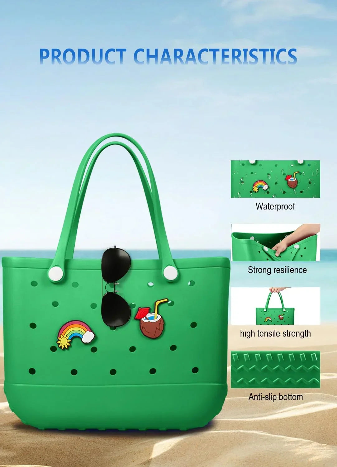 EVA Beach Tote Bag for Swimming, Pool & Travel – Waterproof Washable Rubber Handbag with 2 Random Charms, Lightweight & Sand-Resistant (Green) | Other Colors Available in Store