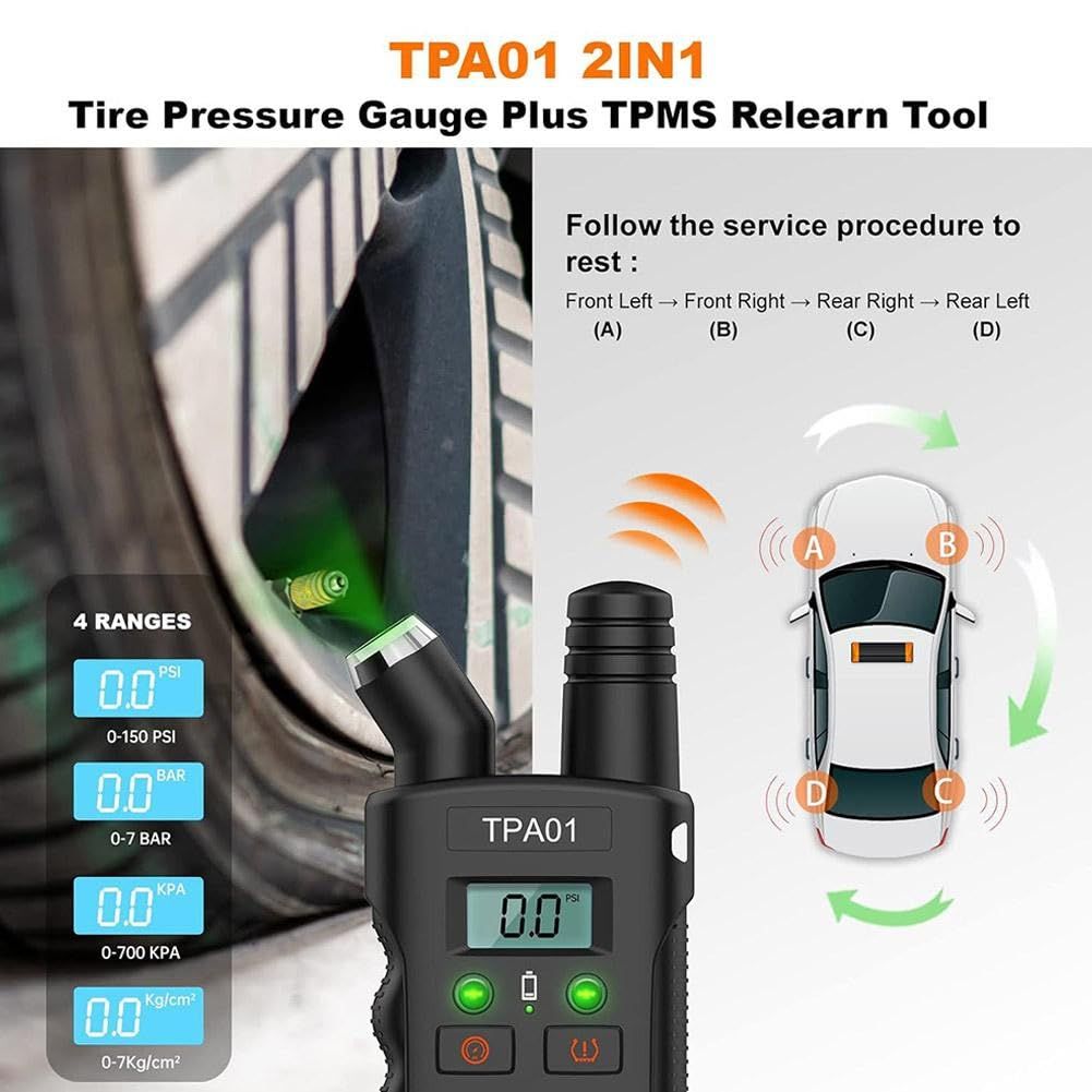 TPMS Relearn Tool for GM Vehicles, 2-in-1 Tire Pressure Monitoring Sensor Activation Tool with 150 PSI Digital Tire Pressure Gauge, Quick & Easy Reset in Minutes (black)