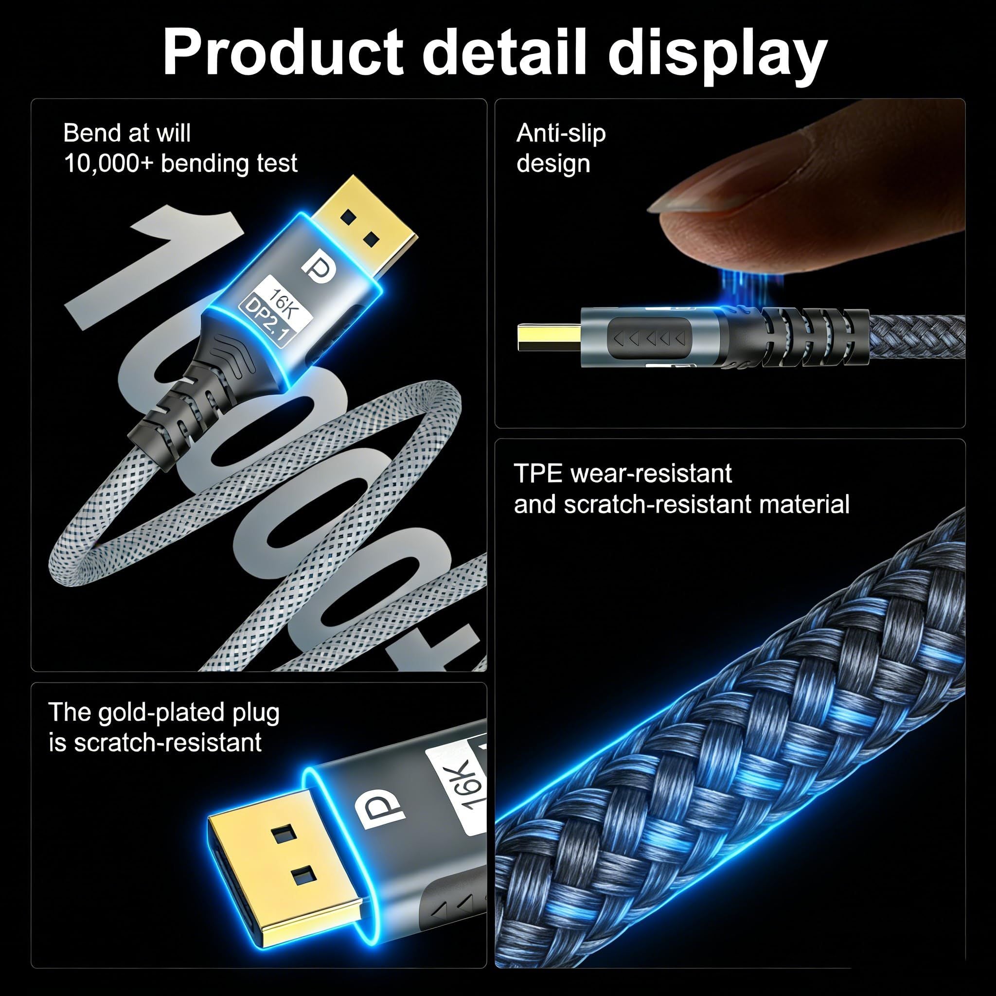 3.3FT 16K 8K DisplayPort Cable,96Gbps Ultra High Speed Braided Nylon Cord with Ethernet,Supports 16K@60Hz 8K@120Hz 4K@240Hz HDCP 2.3 & Dynamic HDR for Gaming Monitor,Graphic,PC/FreeSync/G-Sync(gray)