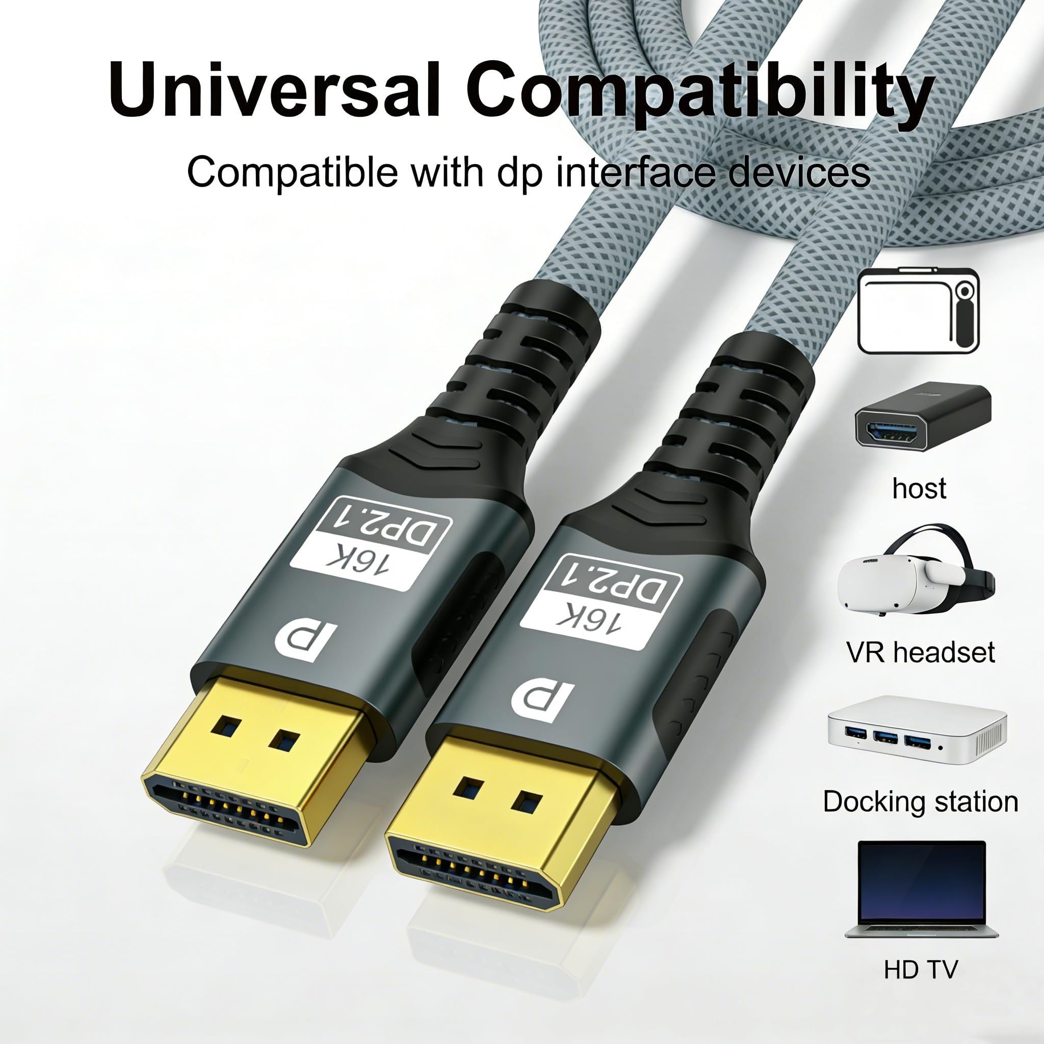 6.6FT 16K 8K DisplayPort Cable,96Gbps Ultra High Speed Braided Nylon Cord with Ethernet,Supports 16K@60Hz 8K@120Hz 4K@240Hz HDCP 2.3 & Dynamic HDR for Gaming Monitor,Graphic,PC/FreeSync/G-Sync(gray)