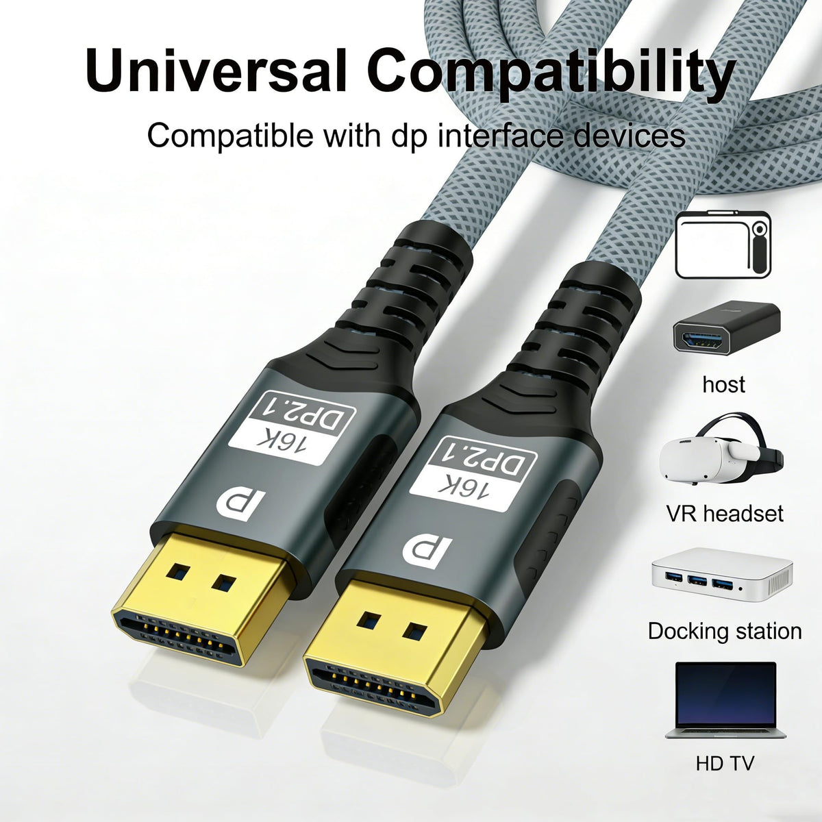 10FT 16K 8K DisplayPort Cable,96Gbps Ultra High Speed Braided Nylon Cord with Ethernet,Supports 16K@60Hz 8K@120Hz 4K@240Hz HDCP 2.3 & Dynamic HDR for Gaming Monitor,Graphic,PC/FreeSync/G-Sync(gray)