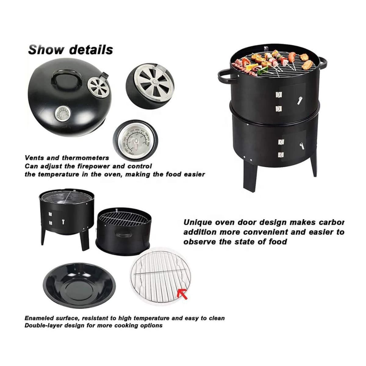 Outdoor Double-Layer Grill – Charcoal Wood-Fired Braising & Smoking Stove, Portable Grill for Camping, Outdoor Cooking, Backyard Kitchen, Patio & Garden BBQ(black)