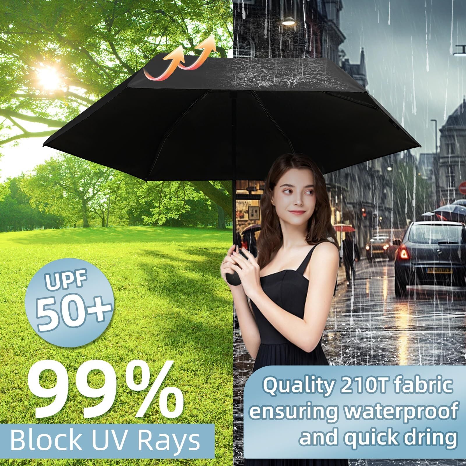 Mini Travel Umbrella – Compact Sun & Rain Protection for Women, Kids | UV-Blocking Pocket Umbrella with Case | Lightweight Foldable Umbrella（black）