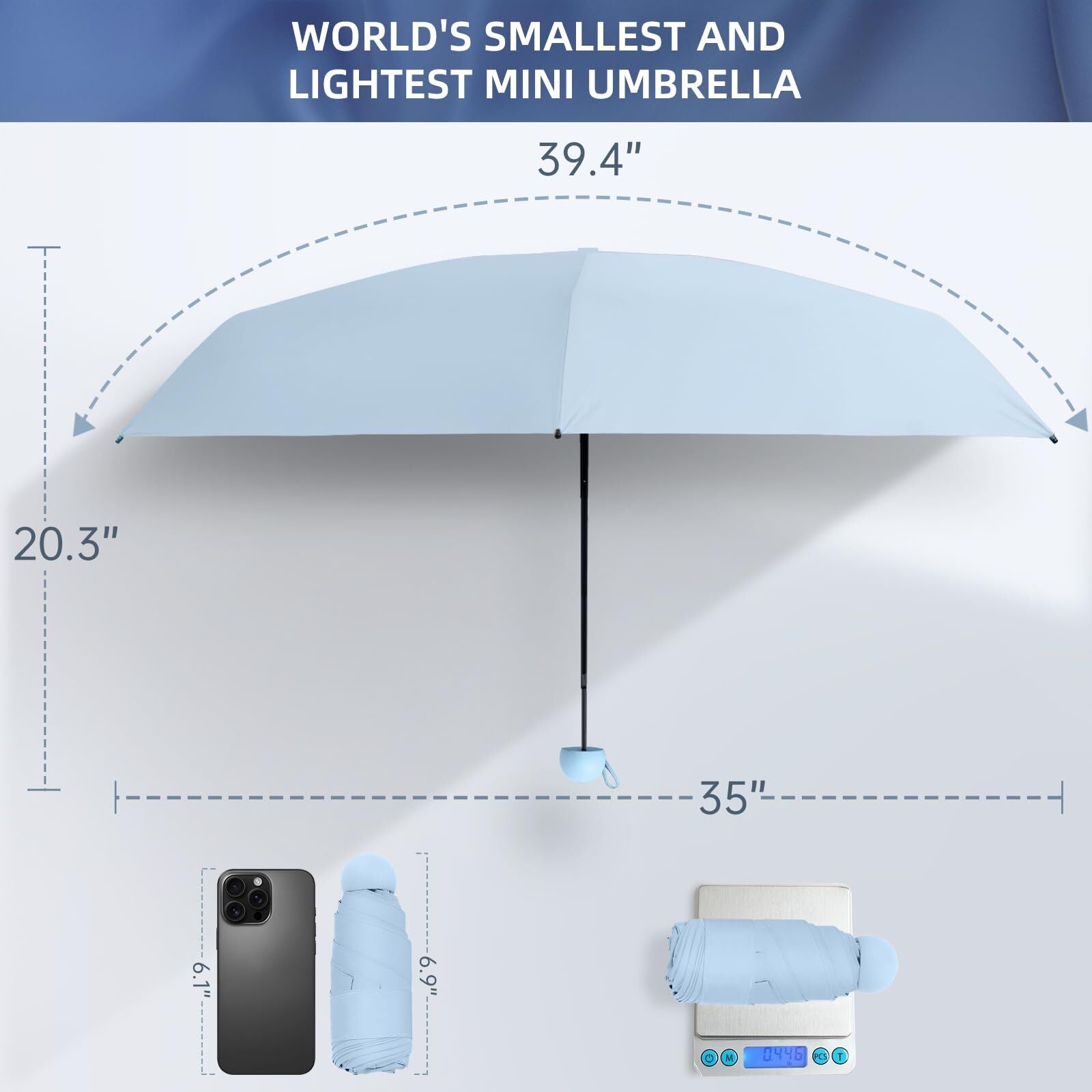 Mini Travel Umbrella – Compact Sun & Rain Protection for Women, Kids | UV-Blocking Pocket Umbrella with Case | Lightweight Foldable Umbrella（light blue）