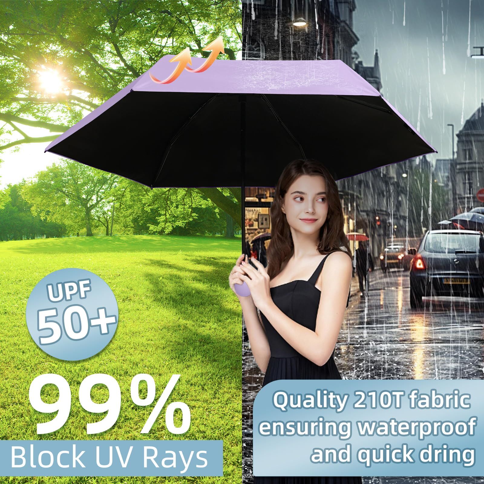 Mini Travel Umbrella – Compact Sun & Rain Protection for Women, Kids | UV-Blocking Pocket Umbrella with Case | Lightweight Foldable Umbrella（purple）