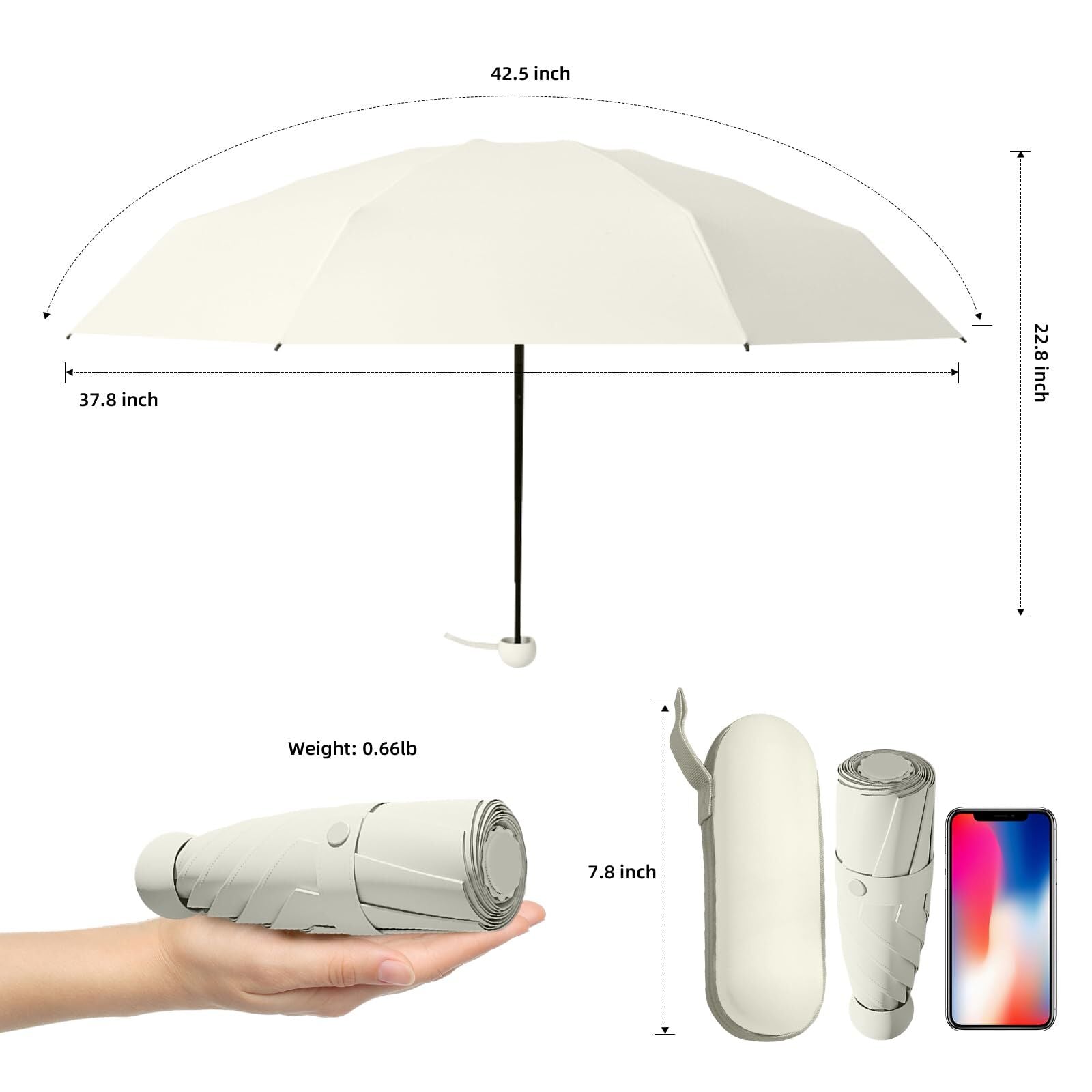 Mini Travel Umbrella – Compact Sun & Rain Protection for Women, Kids | UV-Blocking Pocket Umbrella with Case | Lightweight Foldable Umbrella（white）