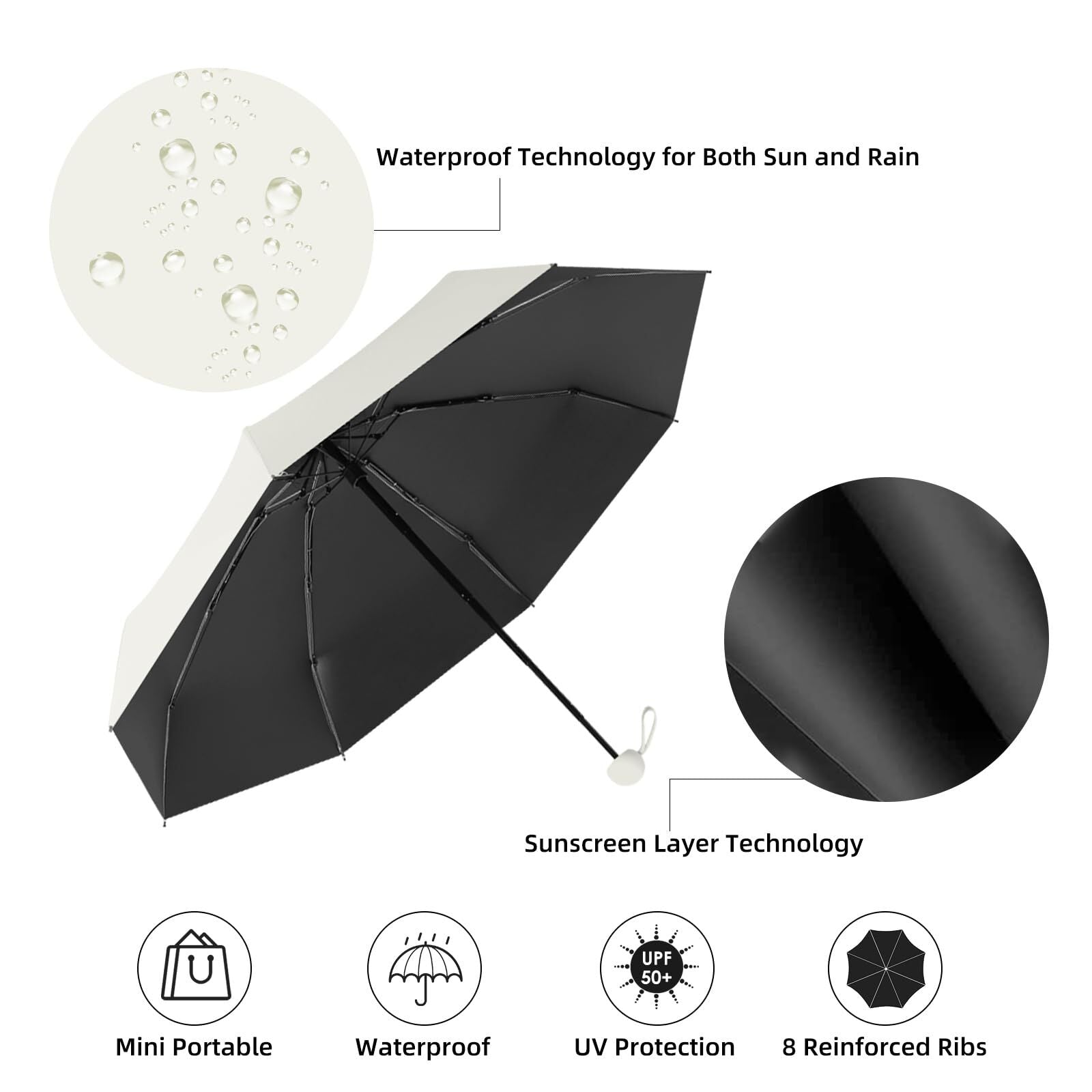 Mini Travel Umbrella – Compact Sun & Rain Protection for Women, Kids | UV-Blocking Pocket Umbrella with Case | Lightweight Foldable Umbrella（white）