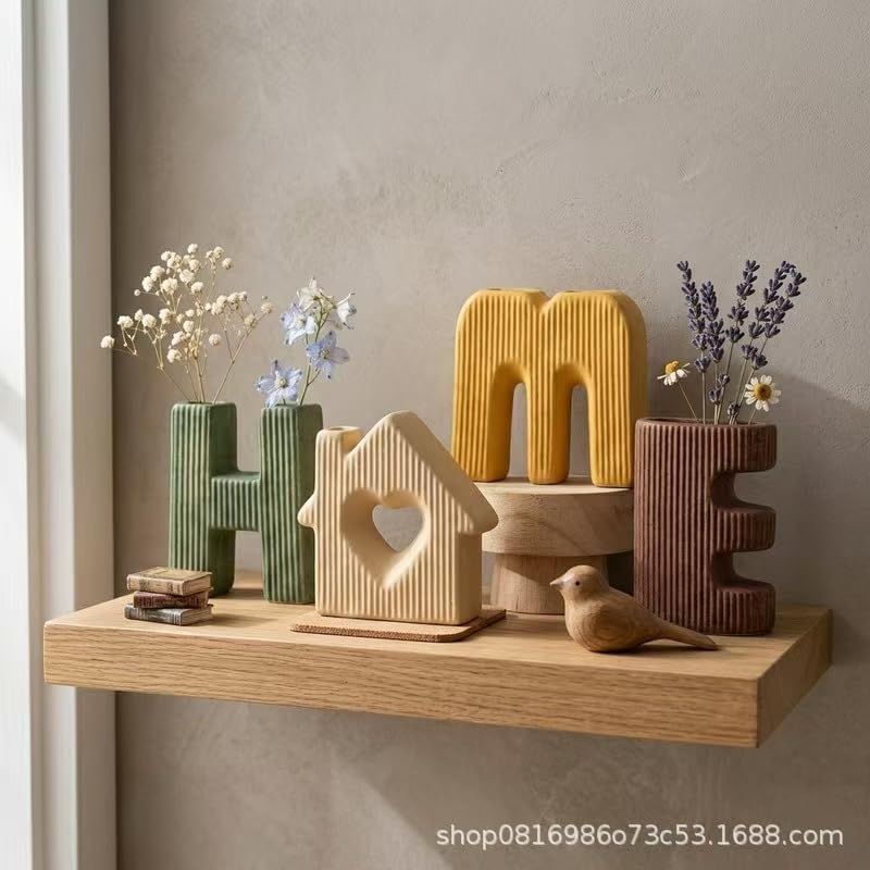 Creative HOME Decor Letter-Shaped Ceramic Vase Set – Ribbed Texture, 4-Piece Set for Modern Home Decoration(Multicolor)