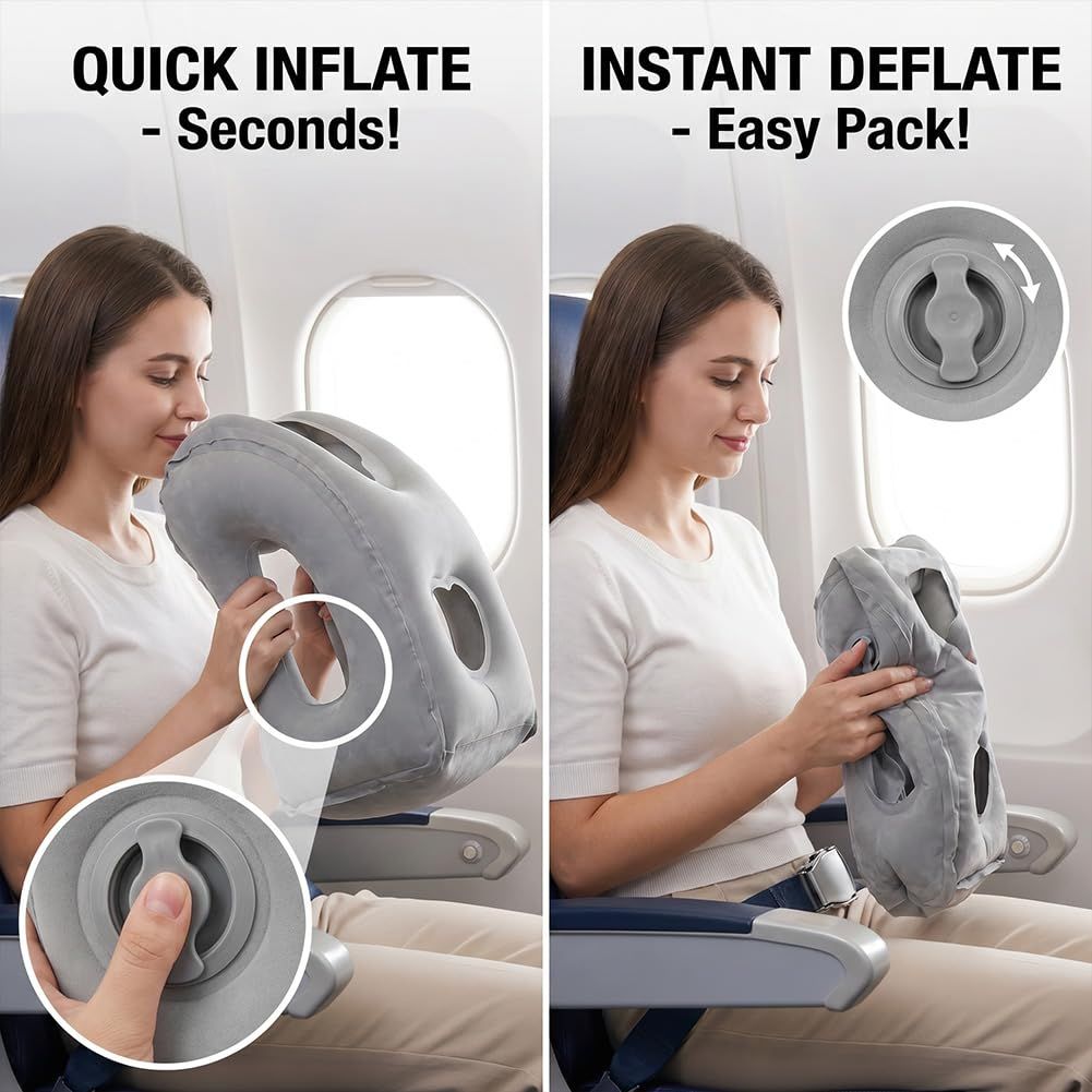 1-Pack Comfortable Inflatable Travel Pillow, Neck Support Air Pillow with Storage Bag for Shoulder and Head Relief, for Airplane Train Car Office Home Use(gray)