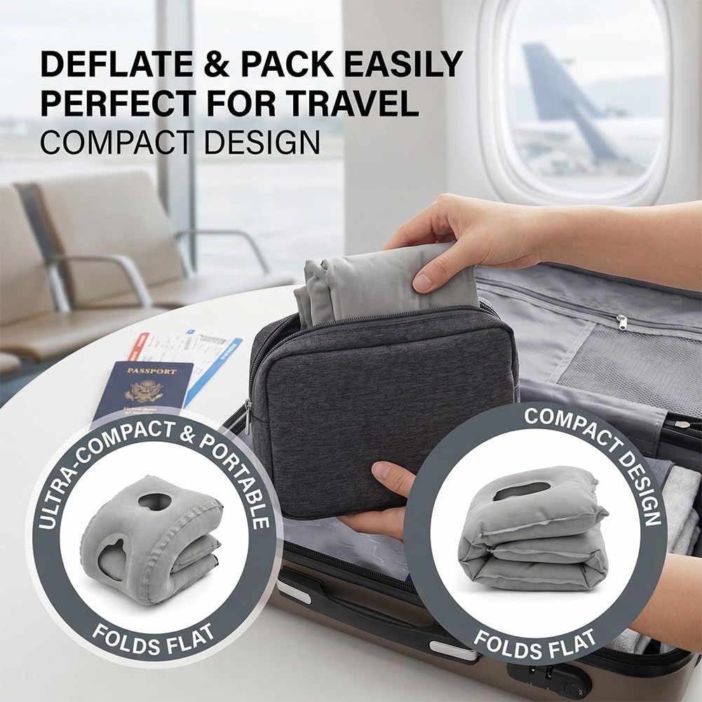 1-Pack Comfortable Inflatable Travel Pillow, Neck Support Air Pillow with Storage Bag for Shoulder and Head Relief, for Airplane Train Car Office Home Use(gray)