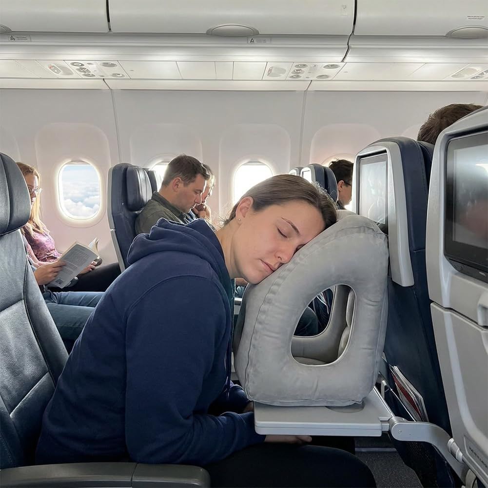 1-Pack Comfortable Inflatable Travel Pillow, Neck Support Air Pillow with Storage Bag for Shoulder and Head Relief, for Airplane Train Car Office Home Use(gray)