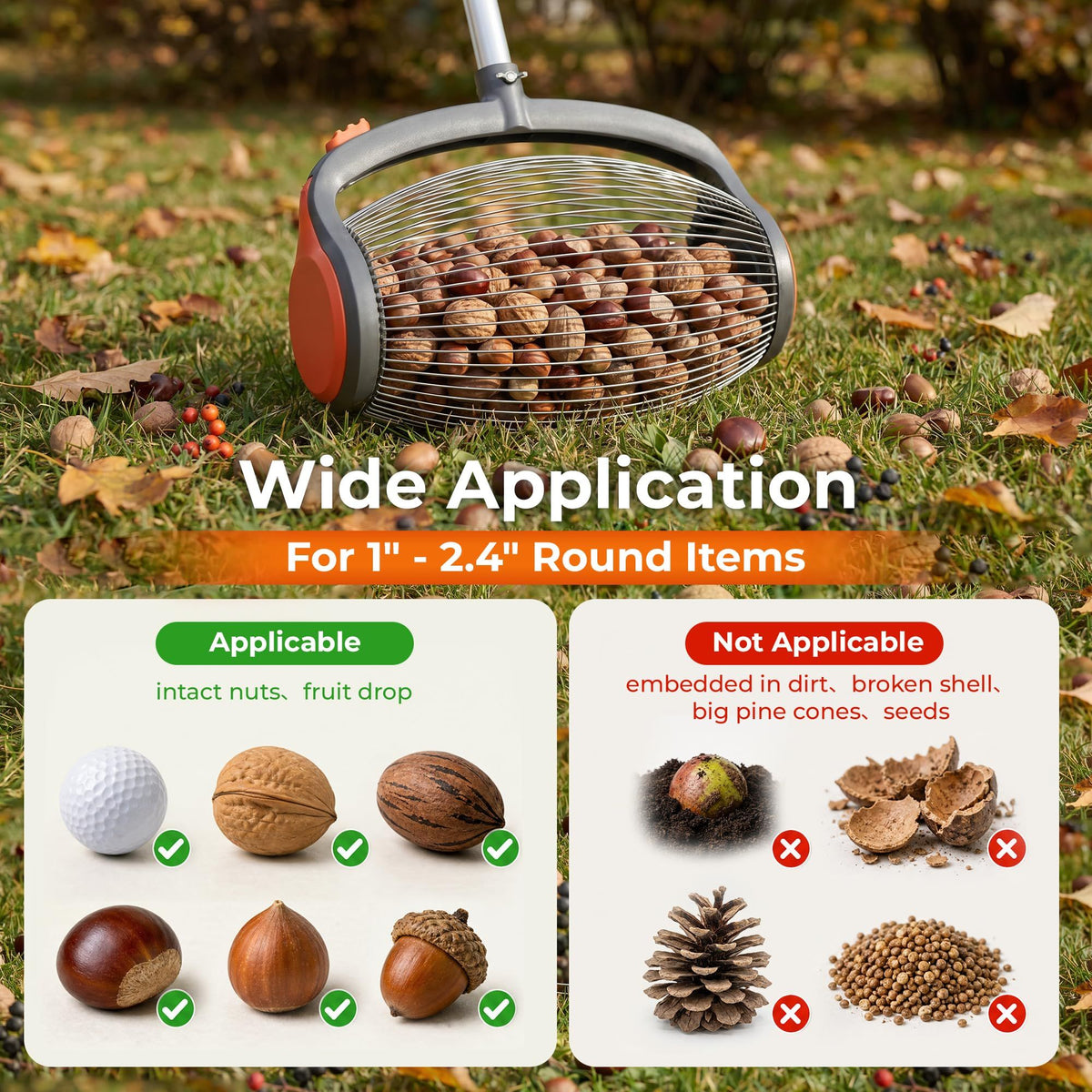 Acorn Picker Upper Roller with Foot Release Nut Gatherer
Adjustable Aluminum Handle, Ergonomic Grip and 1 Gal Bag for 1