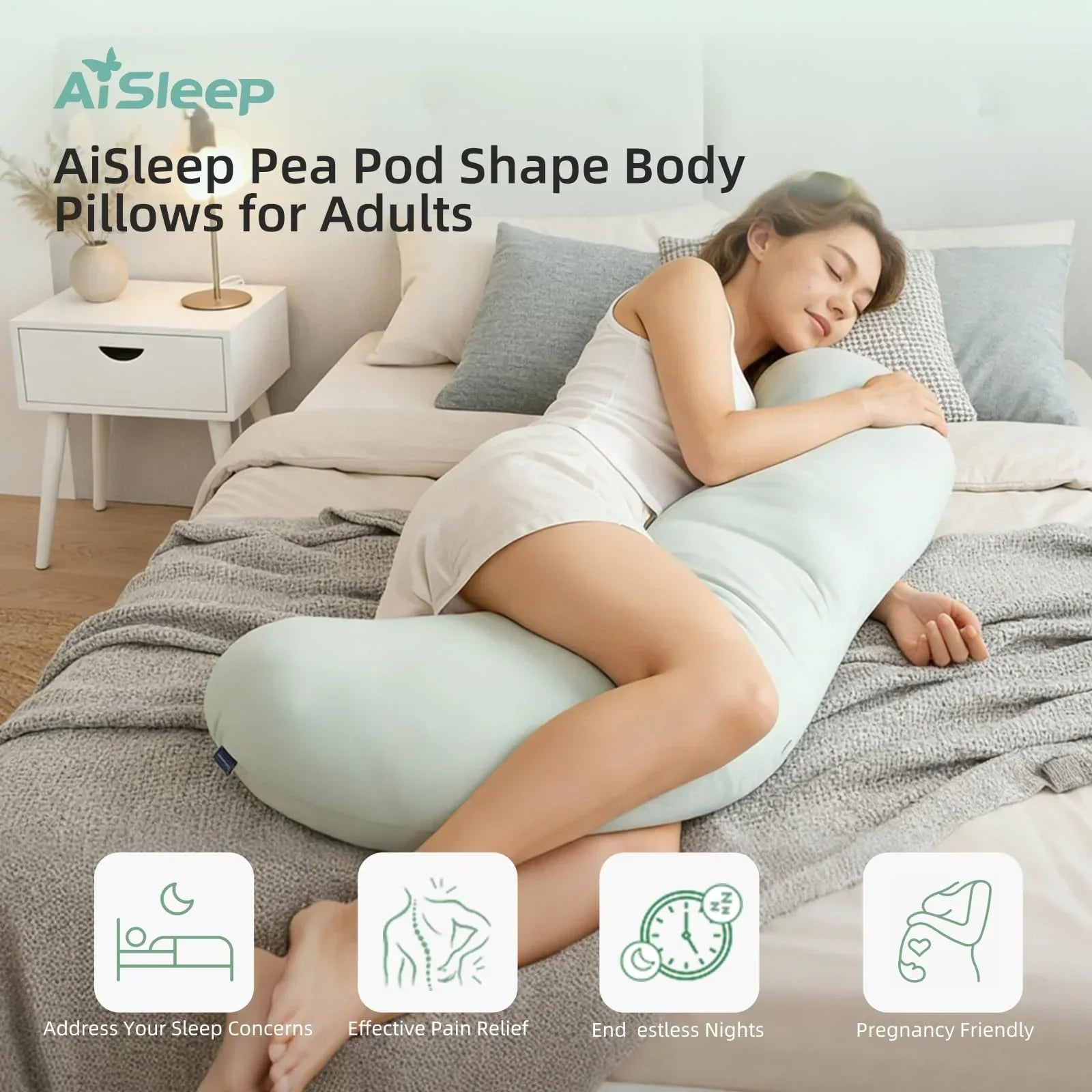 Pea Pod Shape Body Pillow for Adults – Full-Body Support Side Sleeper Pillow, Pregnancy & Back Pain Relief, Soft Hug Pillow with Memory Fiber Filling (Light Blue)