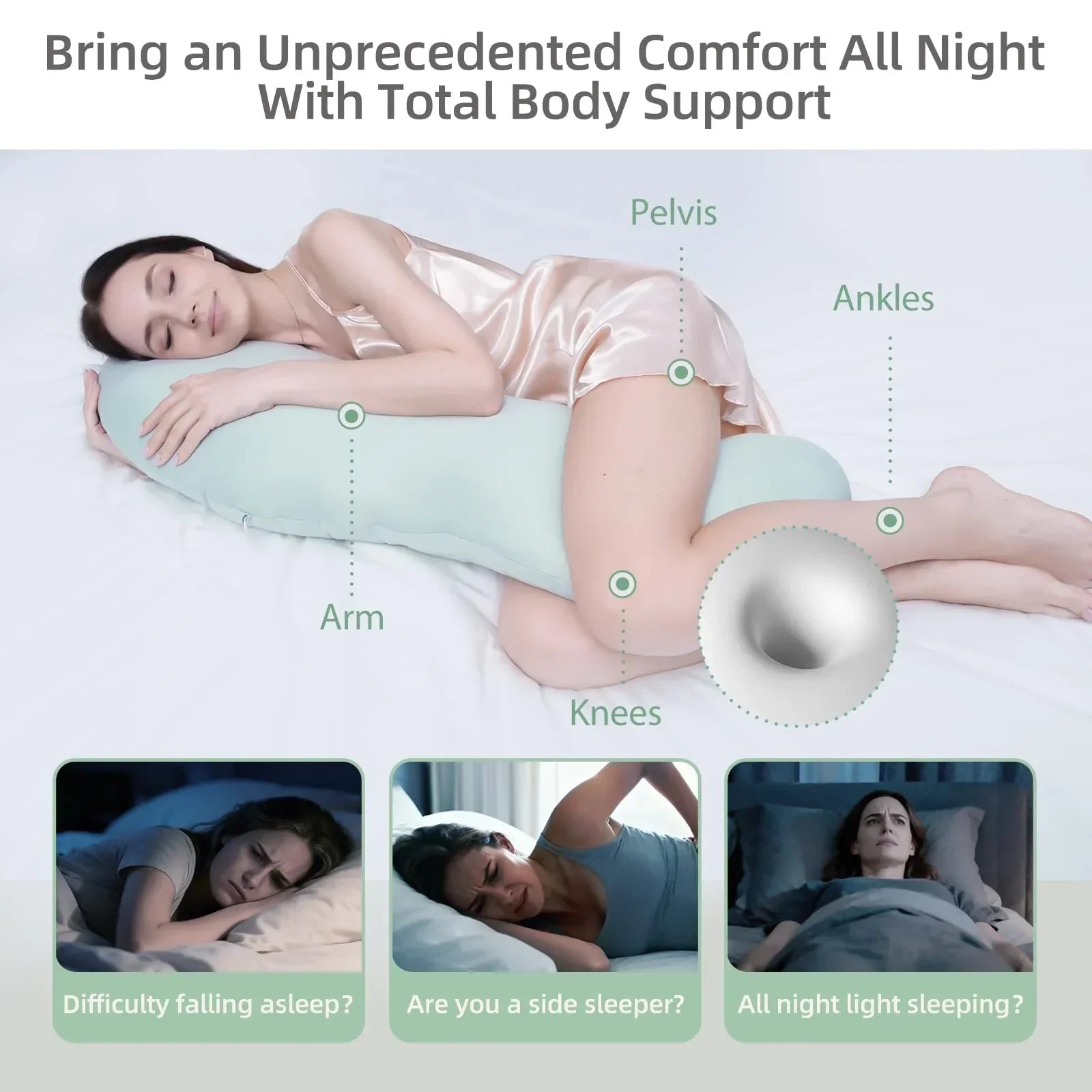 Pea Pod Shape Body Pillow for Adults – Full-Body Support Side Sleeper Pillow, Pregnancy & Back Pain Relief, Soft Hug Pillow with Memory Fiber Filling (Light Blue)