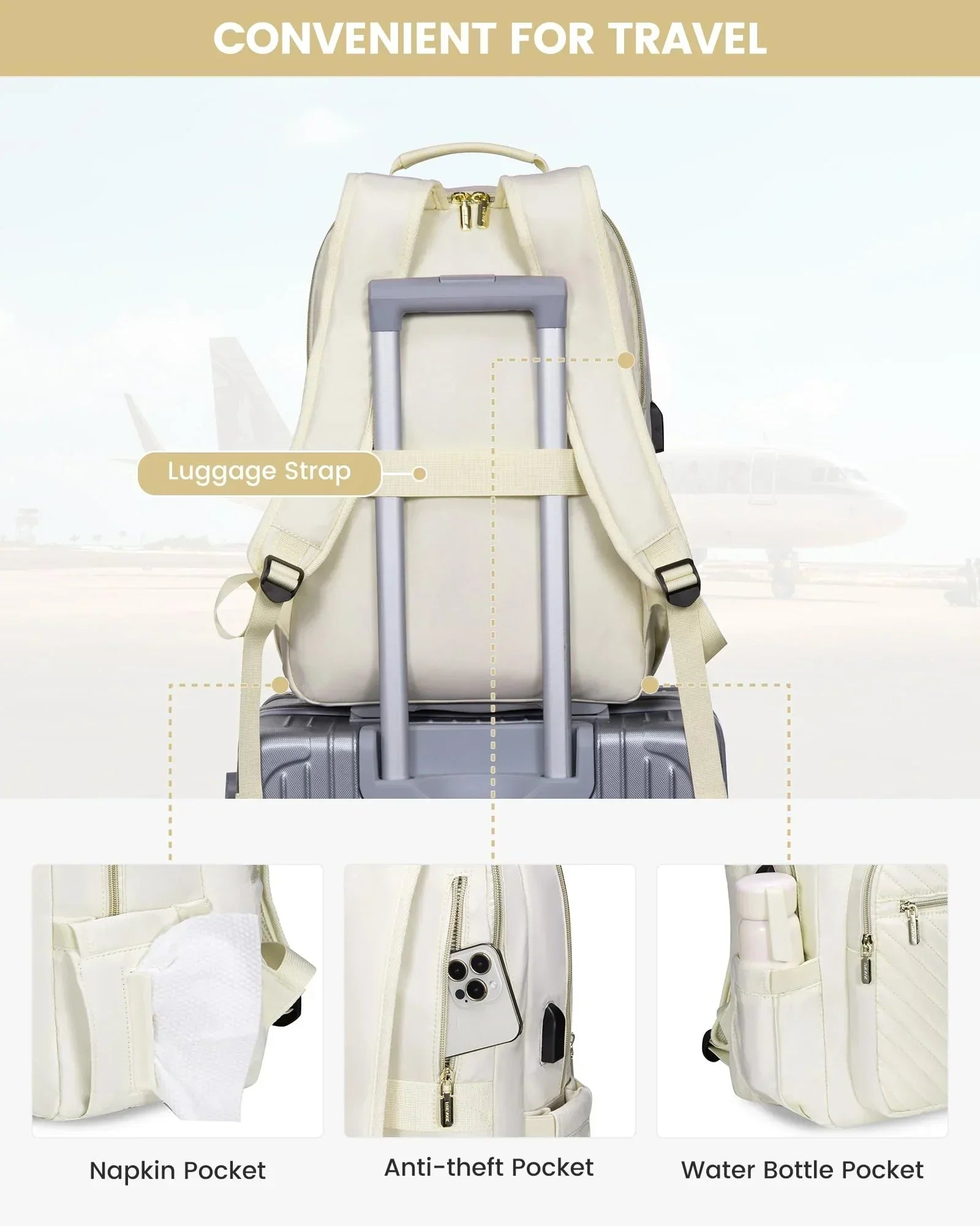 Stylish Laptop Backpack for Women – Large Capacity 27L Computer Bag with 15.6 Inch Compartment, USB Charging Port & 16 Pockets – Ideal for College, Work & Travel (White)