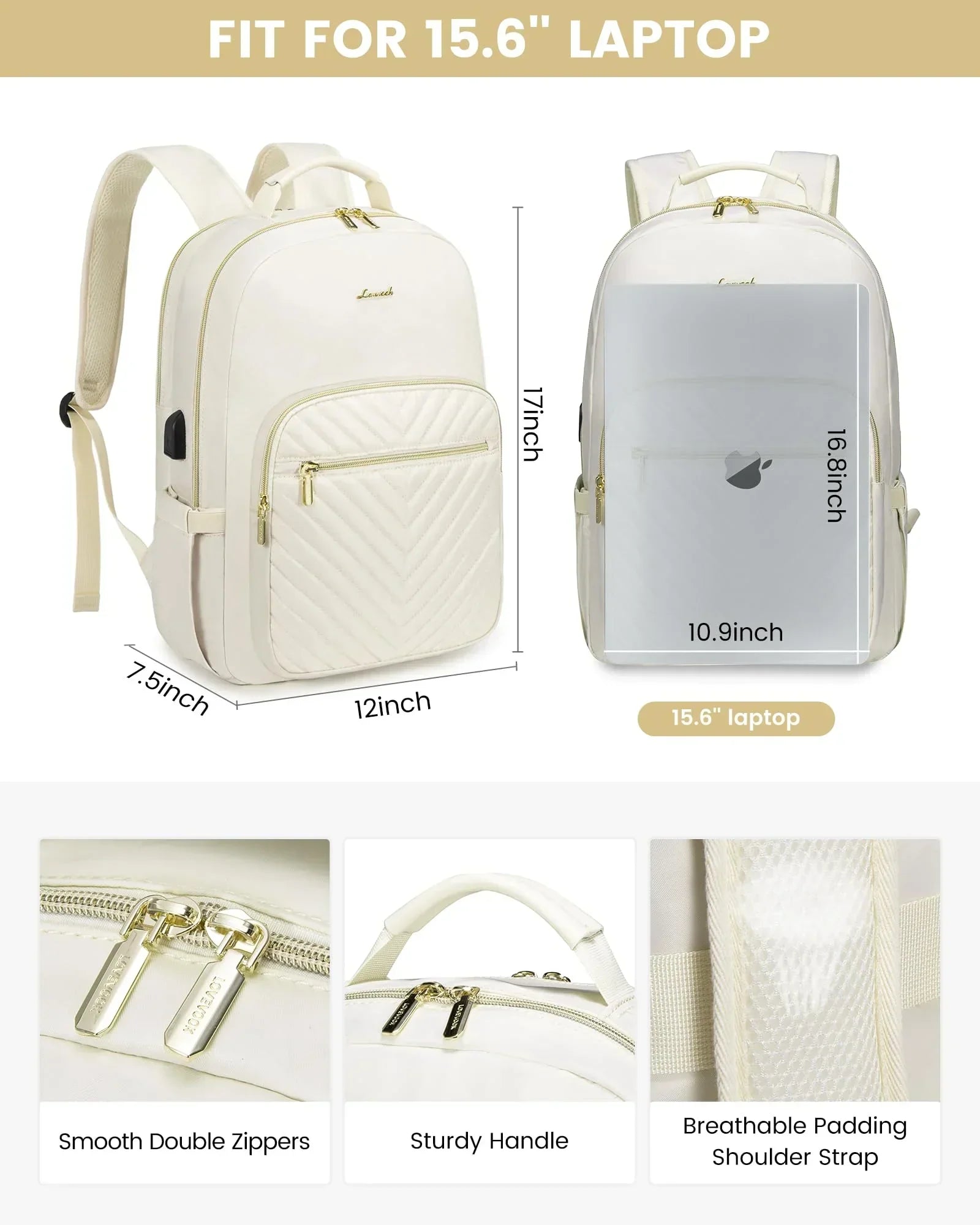 Stylish Laptop Backpack for Women – Large Capacity 27L Computer Bag with 15.6 Inch Compartment, USB Charging Port & 16 Pockets – Ideal for College, Work & Travel (White)