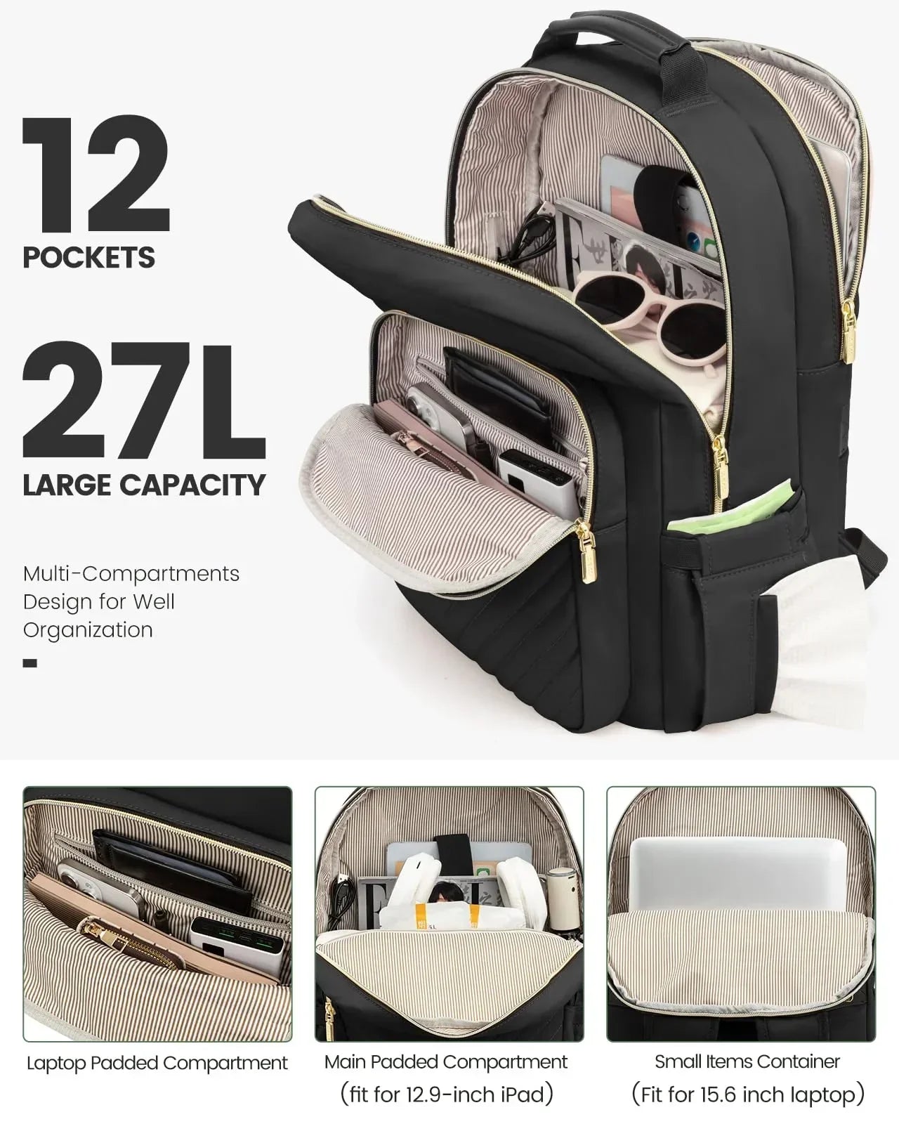 Stylish Laptop Backpack for Women – Large Capacity 27L Computer Bag with 15.6 Inch Compartment, USB Charging Port & 16 Pockets – Ideal for College, Work & Travel (Black)