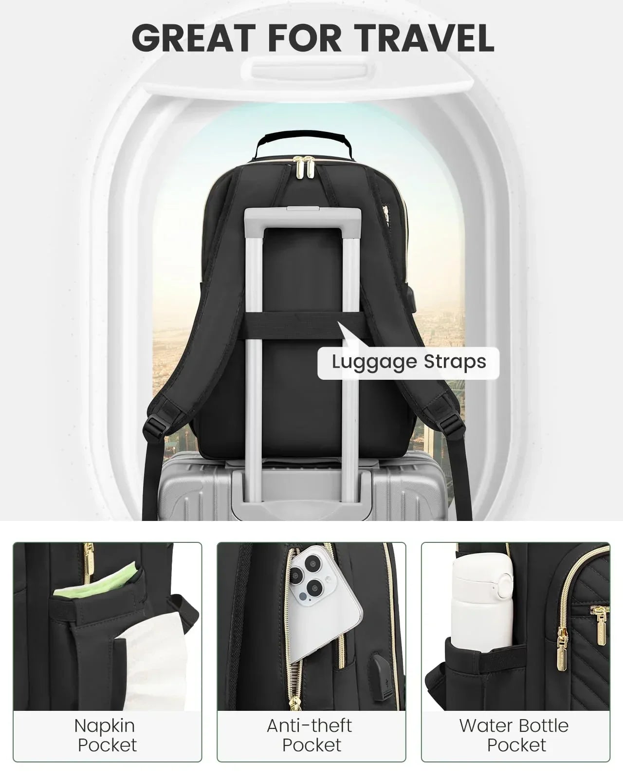 Stylish Laptop Backpack for Women – Large Capacity 27L Computer Bag with 15.6 Inch Compartment, USB Charging Port & 16 Pockets – Ideal for College, Work & Travel (Black)
