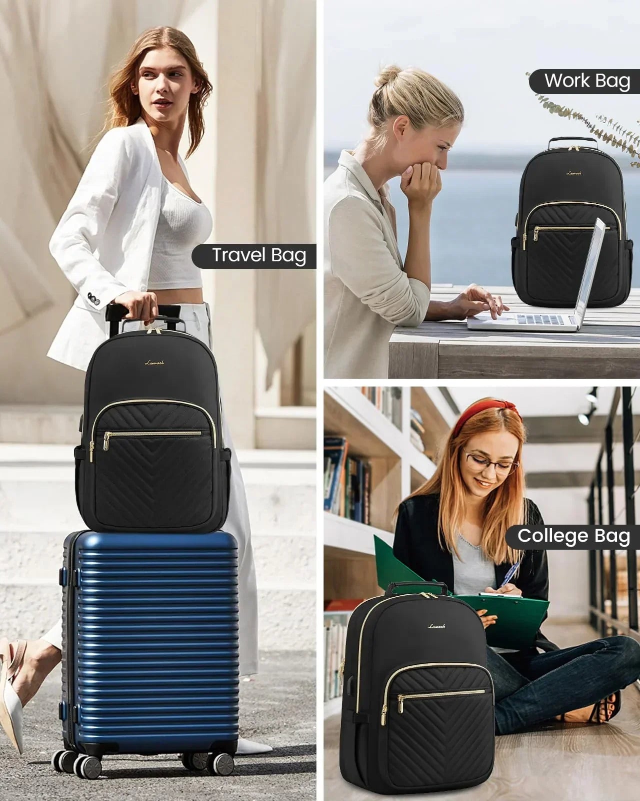 Stylish Laptop Backpack for Women – Large Capacity 27L Computer Bag with 15.6 Inch Compartment, USB Charging Port & 16 Pockets – Ideal for College, Work & Travel (Black)