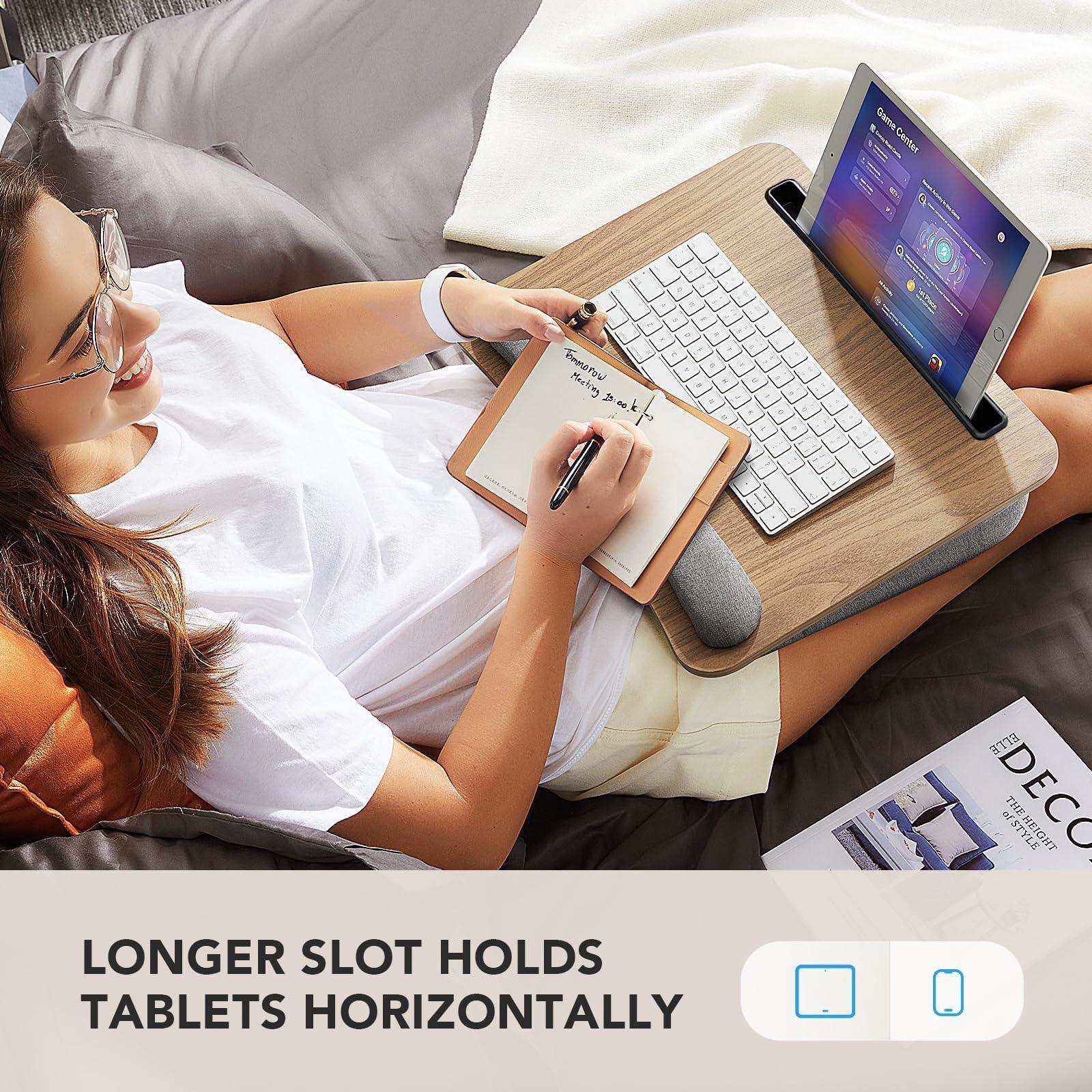 Portable Lap Desk for Students, Remote Workers & Readers – Laptop Table with Wrist Rest, Storage Pockets, Fits up to 15.6 inch Laptop for Bed, Couch or Dorm Use (Wood Grain)