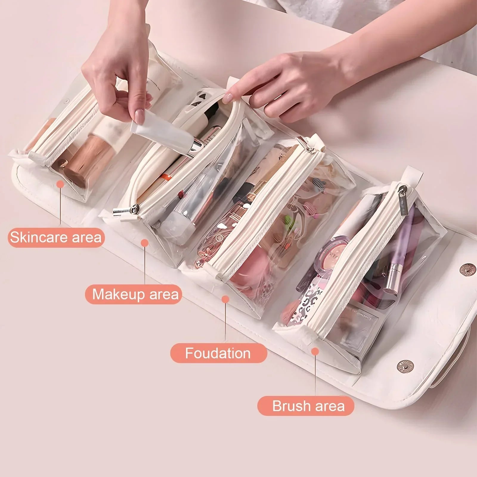 4-in-1 Expandable Makeup Bag with Removable Pockets – Waterproof Travel Cosmetic Organizer for Women, Large Capacity Vanity Case with Hanging Design (Pink)