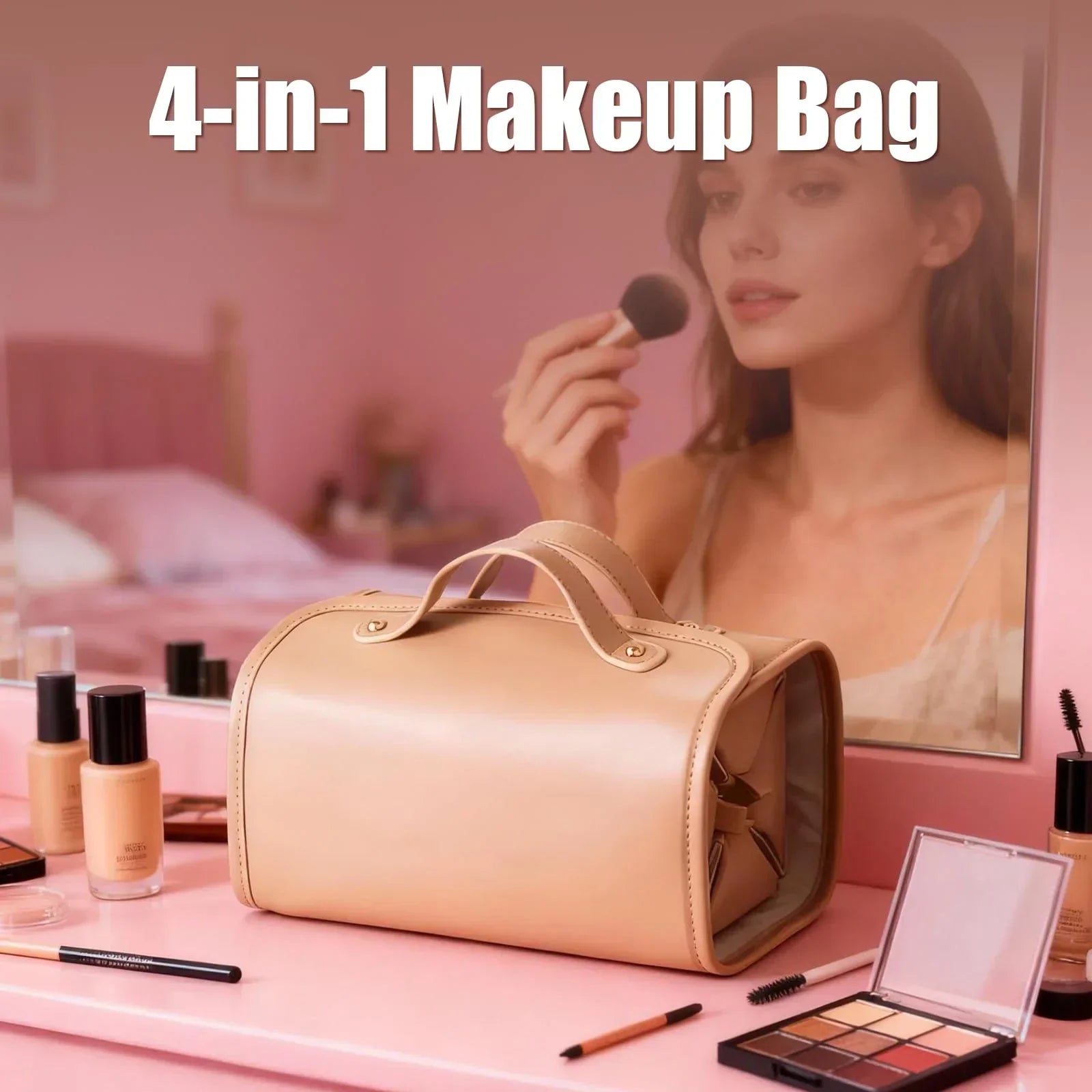 4-in-1 Expandable Makeup Bag with Removable Pockets – Waterproof Travel Cosmetic Organizer for Women, Large Capacity Vanity Case with Hanging Design (Brown)