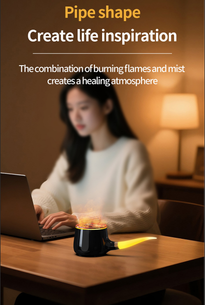 Pipe-Shaped Aromatherapy Humidifier with LED Flame & Mist – USB Desk Diffuser for Home, Office, Bedside (Black) | Other Colors Available in Store