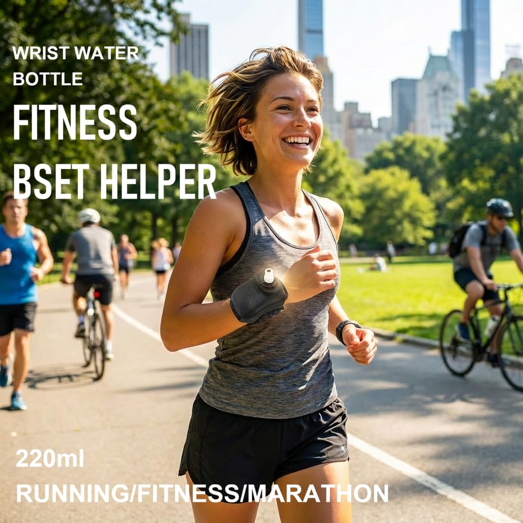 Wrist Water Bottle 7oz Hydration Flask – Hands-Free Leak-Proof Silicone Drink Container for Running, Cycling, Hiking & Fitness Training (Black)