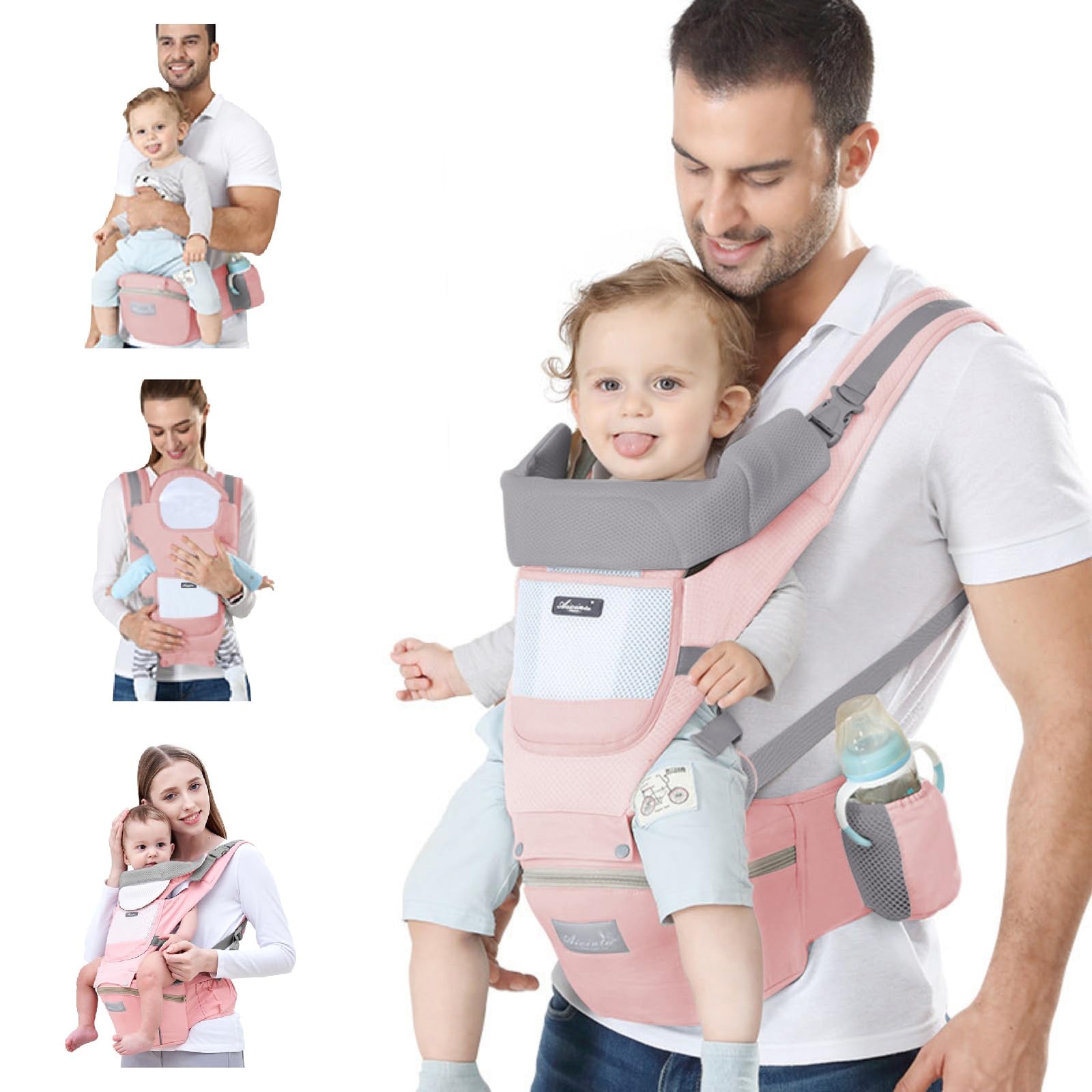 6-in-1 Adjustable Baby Carrier with Hip Seat – 11.8–15.7in Adjustable Height, Breathable Mesh & Multi-Position Carry for Newborn to 36 Months (Pink)