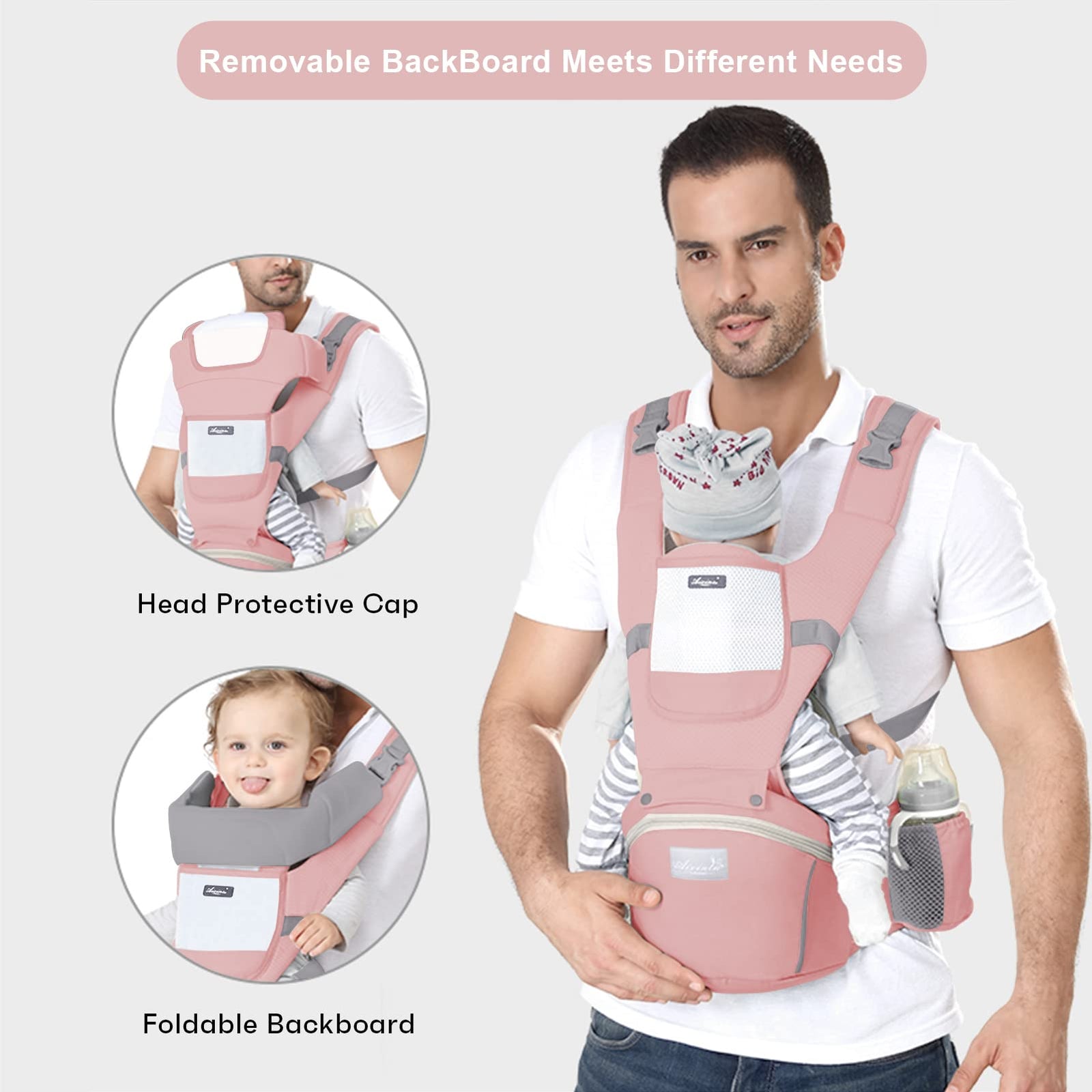 6-in-1 Adjustable Baby Carrier with Hip Seat – 11.8–15.7in Adjustable Height, Breathable Mesh & Multi-Position Carry for Newborn to 36 Months (Pink)