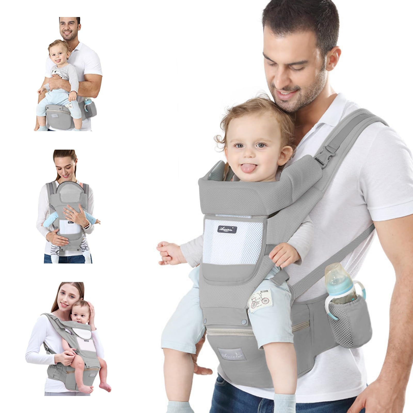 6-in-1 Adjustable Baby Carrier with Hip Seat – 11.8–15.7in Adjustable Height, Breathable Mesh & Multi-Position Carry for Newborn to 36 Months (Grey)
