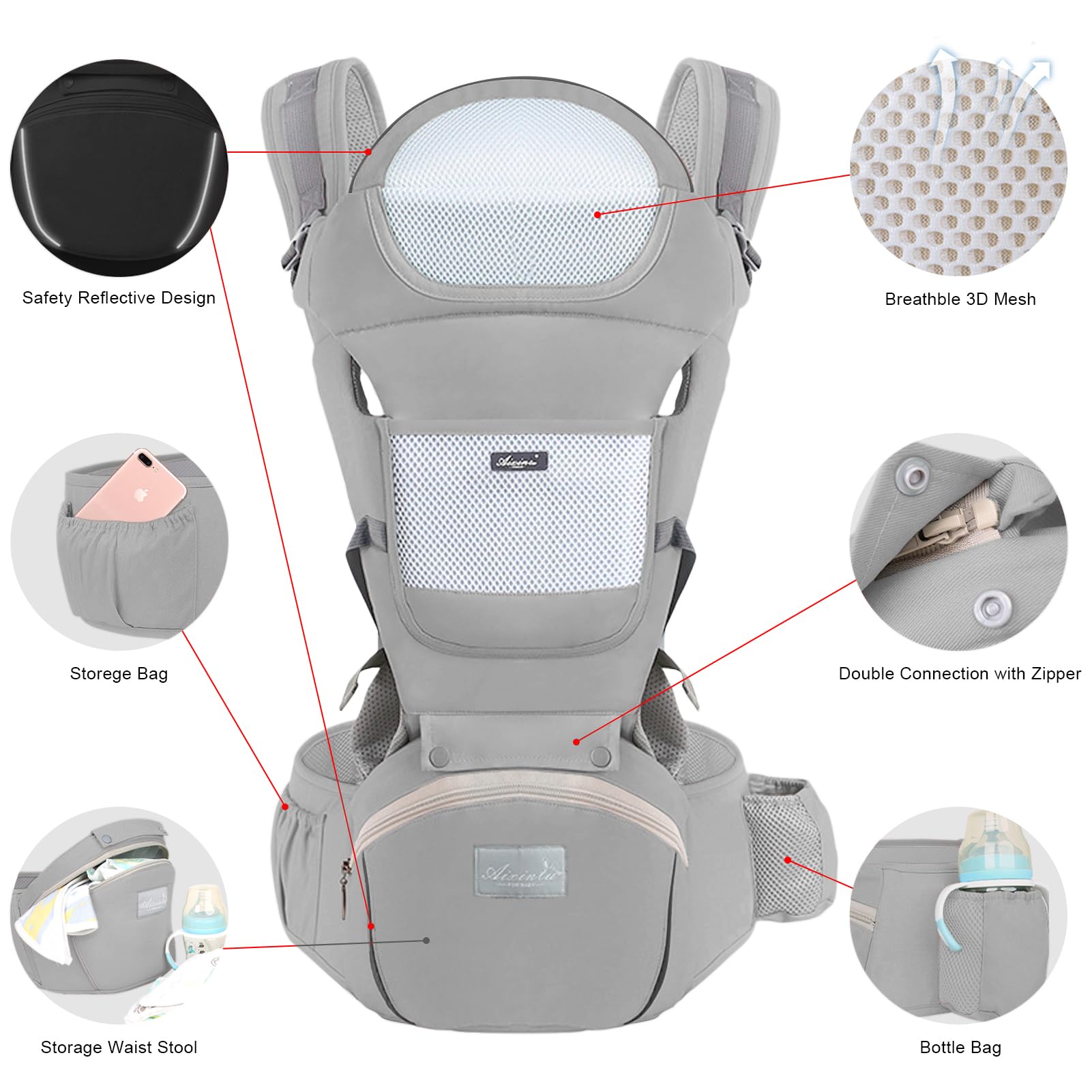 6-in-1 Adjustable Baby Carrier with Hip Seat – 11.8–15.7in Adjustable Height, Breathable Mesh & Multi-Position Carry for Newborn to 36 Months (Grey)