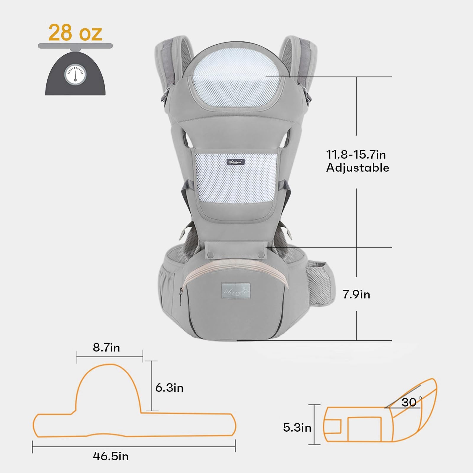 6-in-1 Adjustable Baby Carrier with Hip Seat – 11.8–15.7in Adjustable Height, Breathable Mesh & Multi-Position Carry for Newborn to 36 Months (Grey)