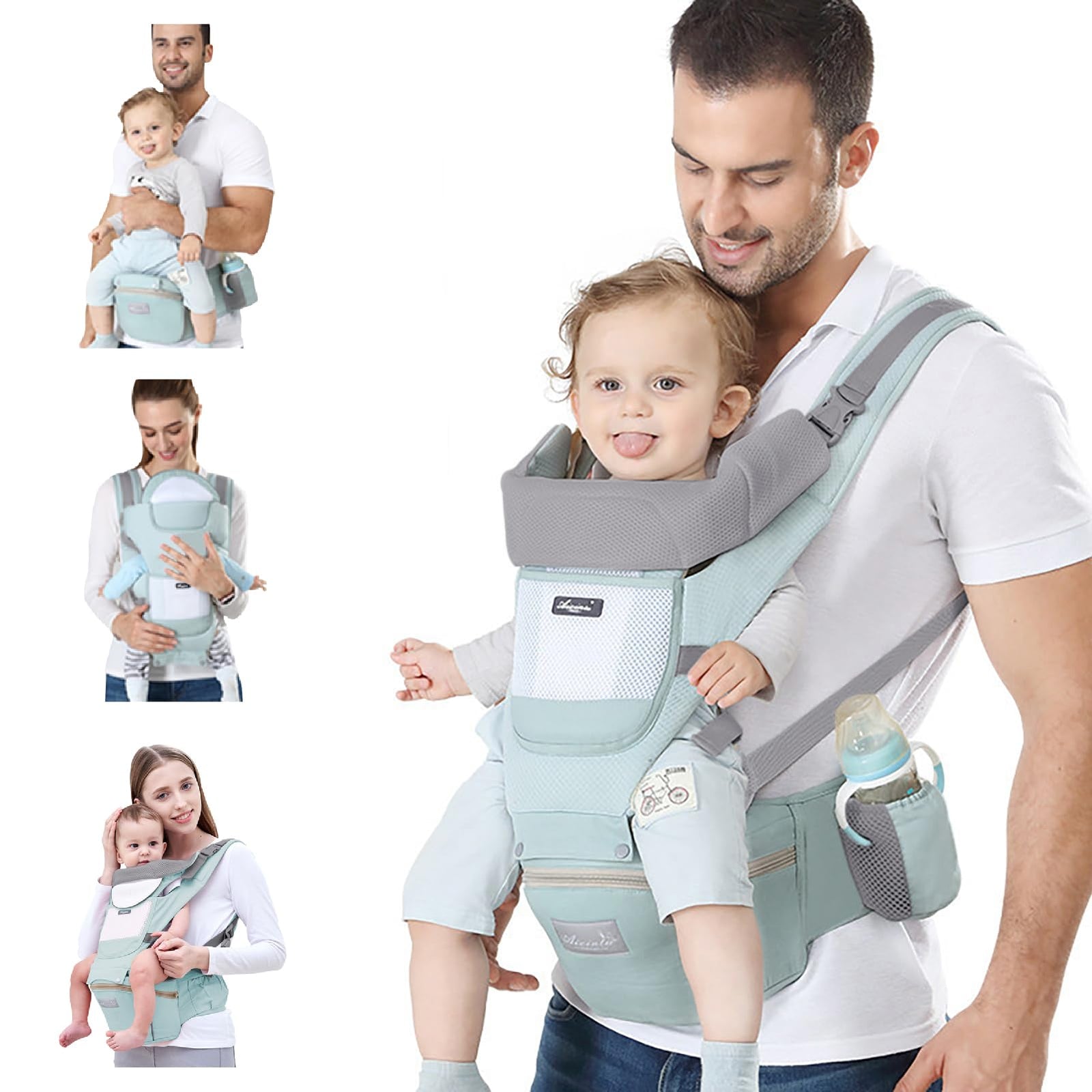 6-in-1 Adjustable Baby Carrier with Hip Seat – 11.8–15.7in Adjustable Height, Breathable Mesh & Multi-Position Carry for Newborn to 36 Months (Green)