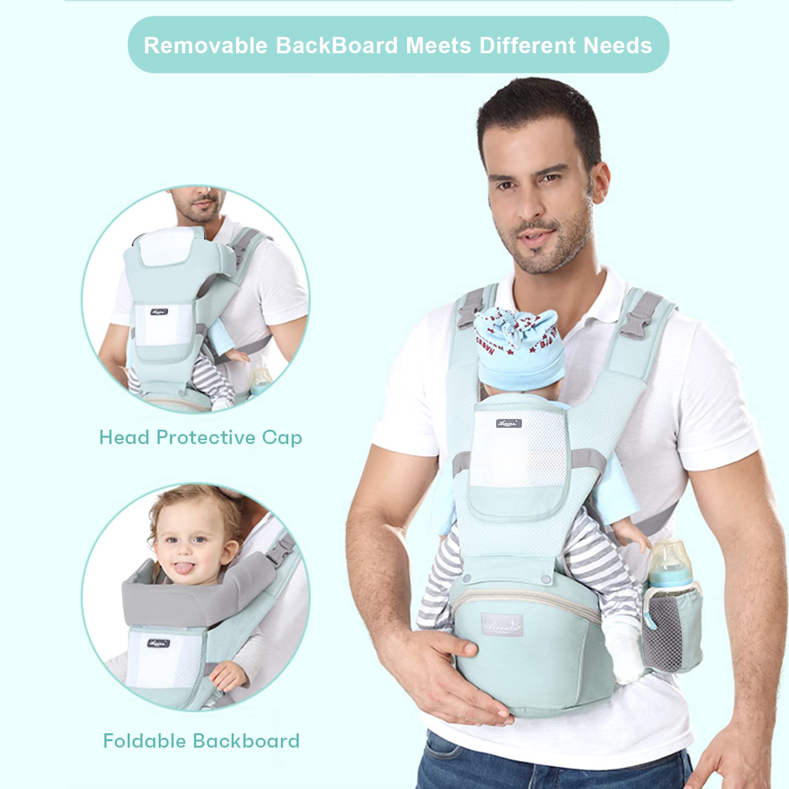 6-in-1 Adjustable Baby Carrier with Hip Seat – 11.8–15.7in Adjustable Height, Breathable Mesh & Multi-Position Carry for Newborn to 36 Months (Green)