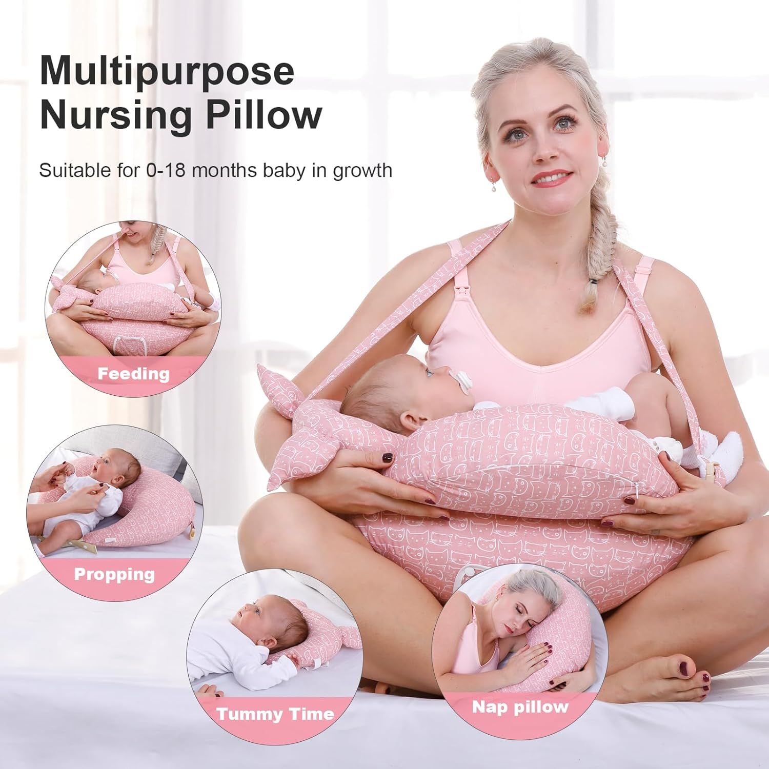 Multipurpose Nursing Pillow with Adjustable Waist Strap & Removable Cover for Feeding, Tummy Time & Nap Support (White)