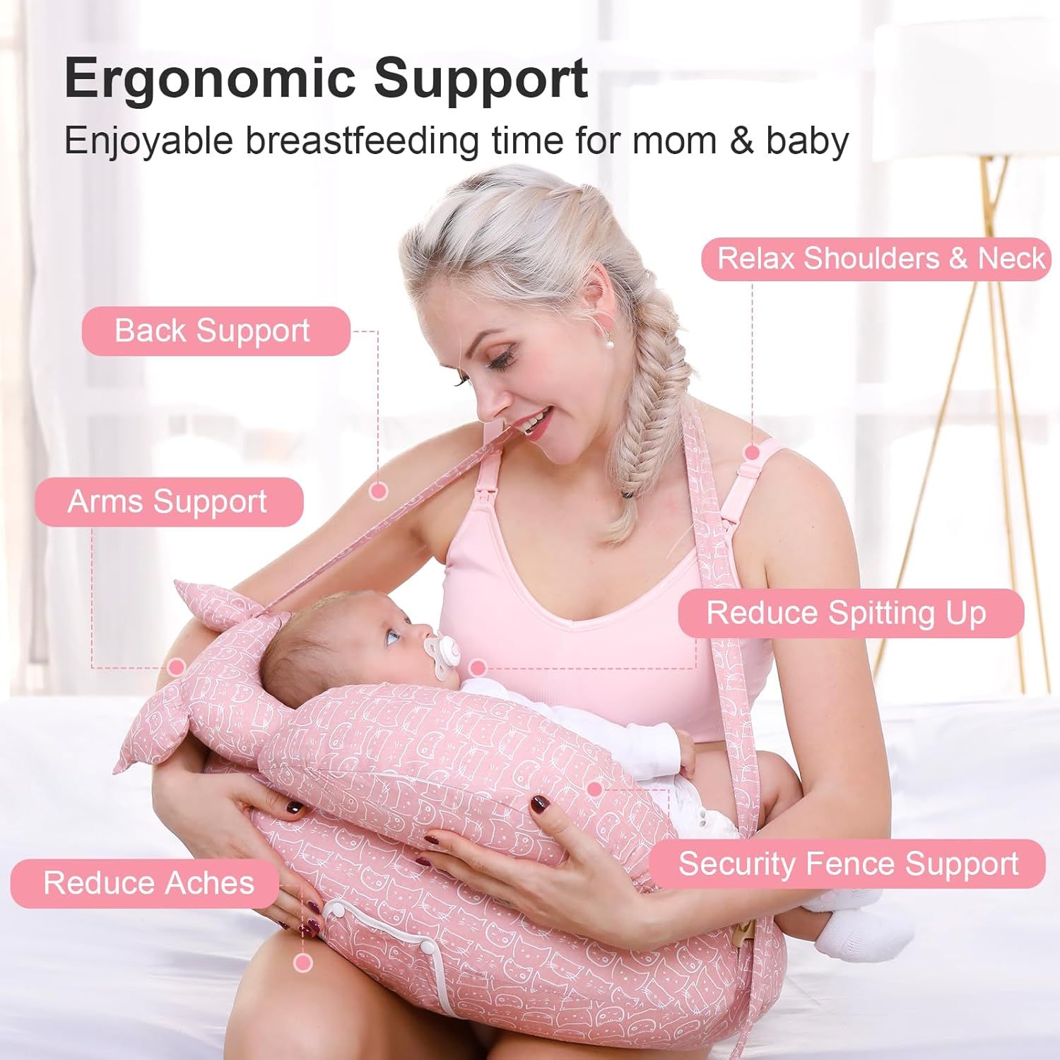Multipurpose Nursing Pillow with Adjustable Waist Strap & Removable Cover for Feeding, Tummy Time & Nap Support (Pink)