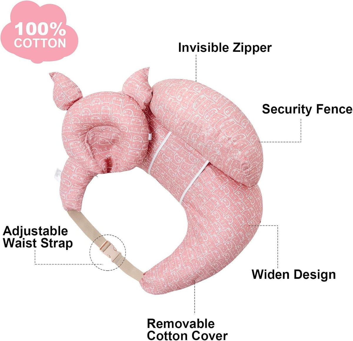 Multipurpose Nursing Pillow with Adjustable Waist Strap & Removable Cover for Feeding, Tummy Time & Nap Support (Pink)