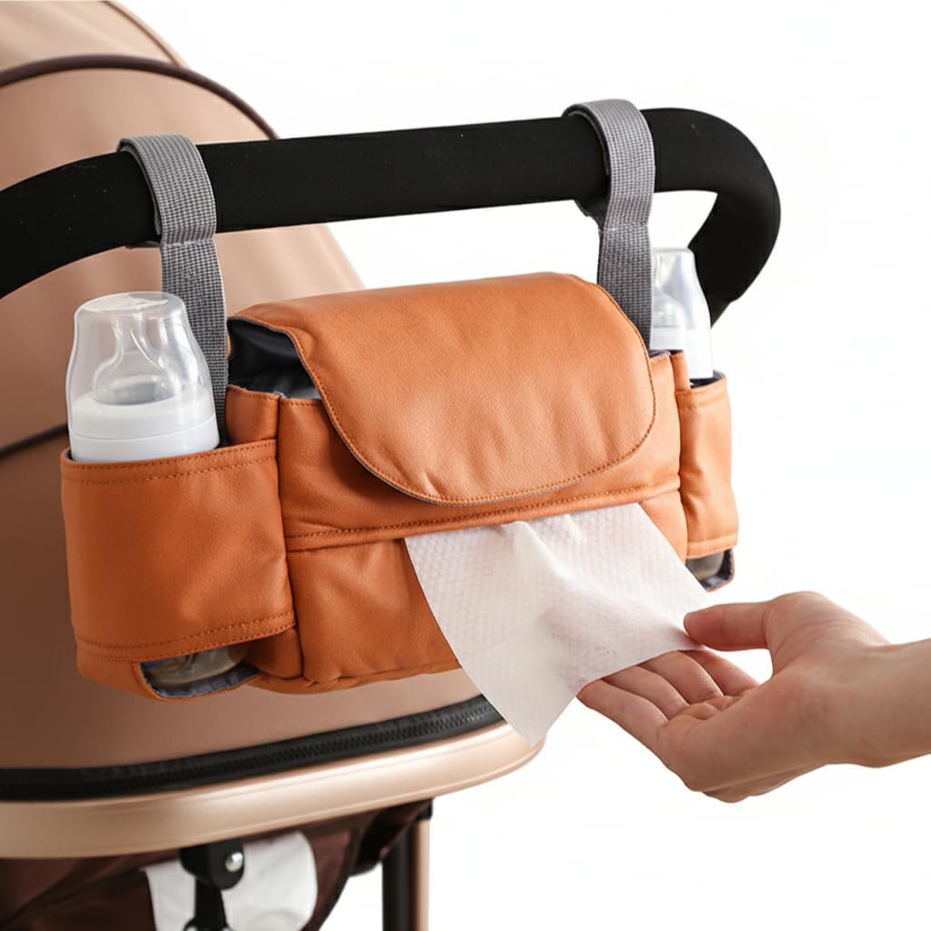 Universal Stroller Organizer Bag with Front Tissue Dispenser, Bottle Holders & Large Storage – Perfect for Daily Outings with Baby (Orange)