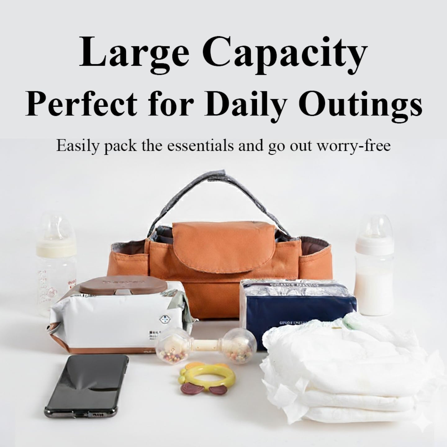 Universal Stroller Organizer Bag with Front Tissue Dispenser, Bottle Holders & Large Storage – Perfect for Daily Outings with Baby (Orange)