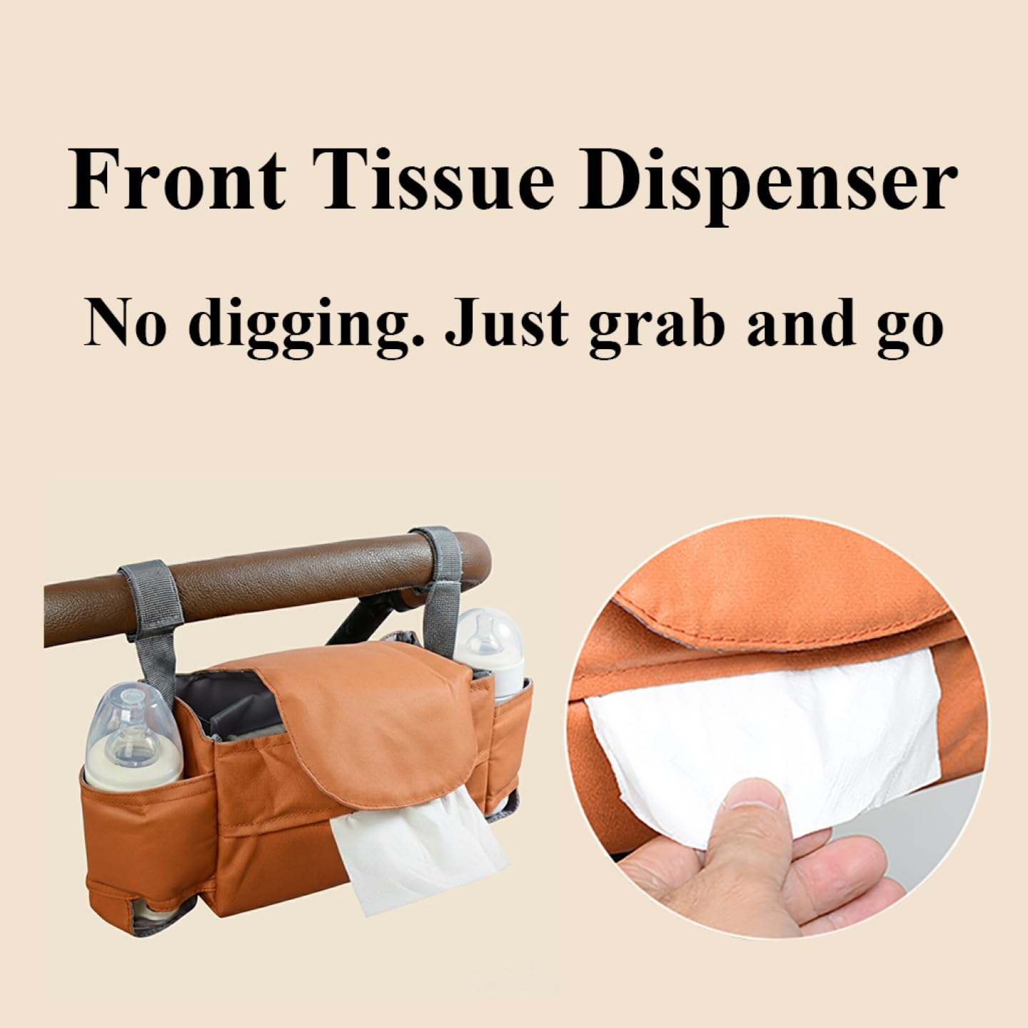 Universal Stroller Organizer Bag with Front Tissue Dispenser, Bottle Holders & Large Storage – Perfect for Daily Outings with Baby (Orange)