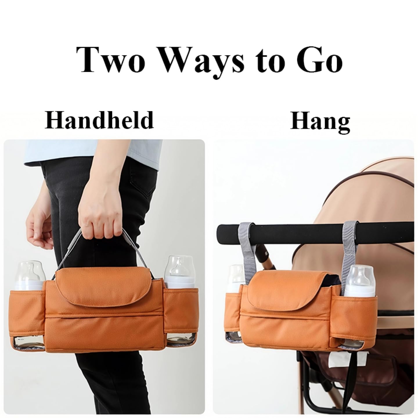 Universal Stroller Organizer Bag with Front Tissue Dispenser, Bottle Holders & Large Storage – Perfect for Daily Outings with Baby (Orange)