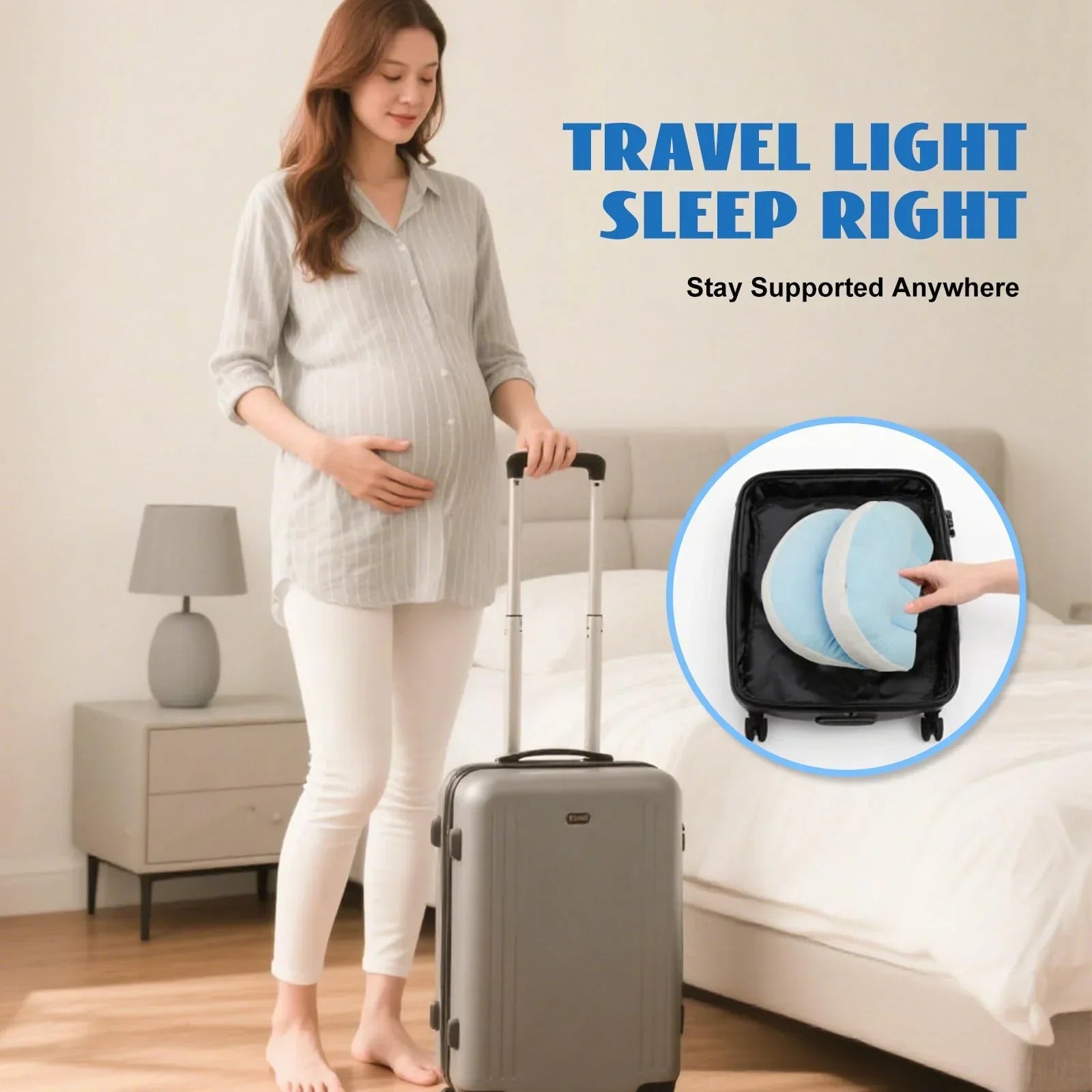 Adjustable Pregnancy Pillow with Velcro Design – Side Sleeping Support for Back, Belly, Hips & Legs, Travel-Friendly Maternity Pillow with Bonus Auxiliary Pillow(Blue)