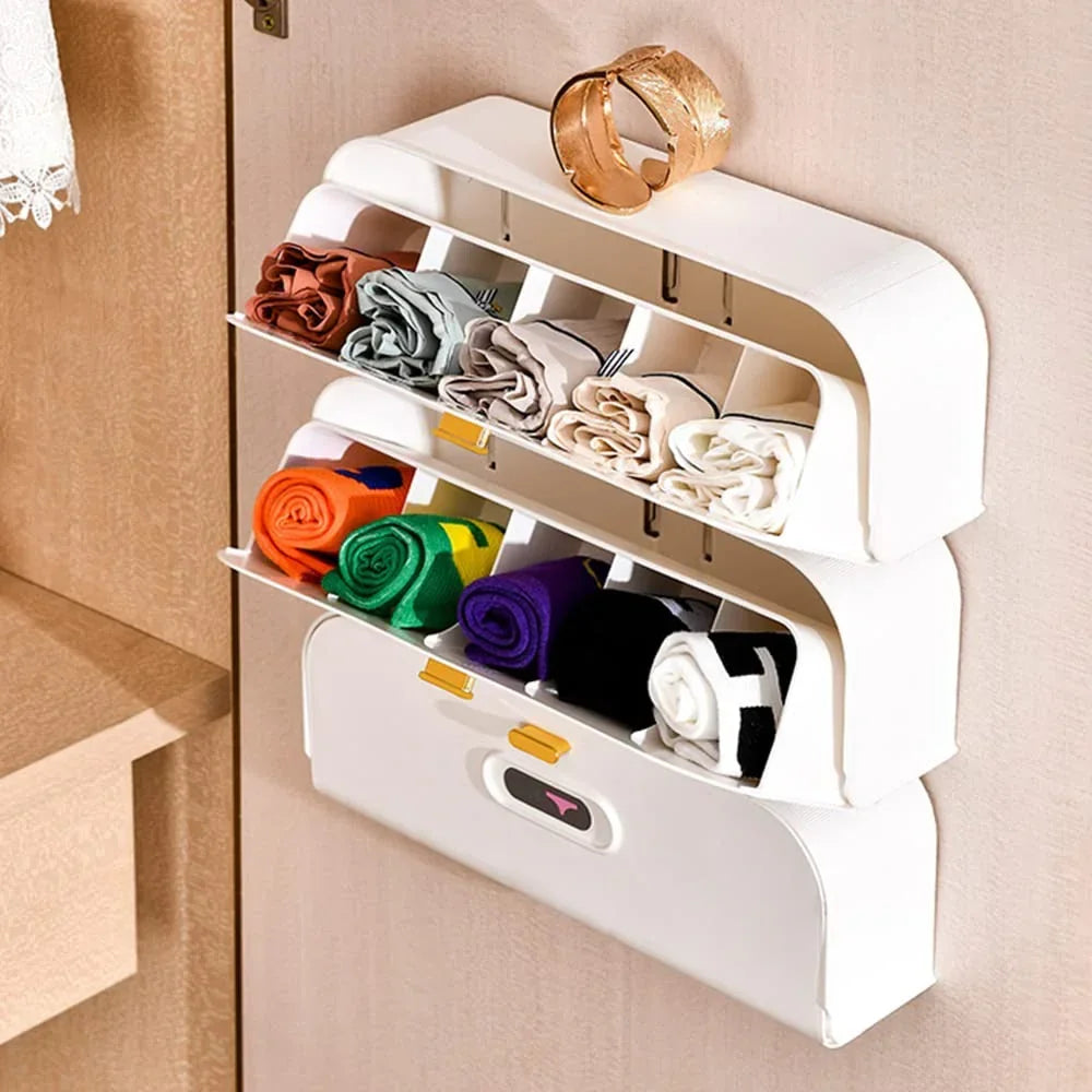 Wall-Mounted Drawer Organizer for Underwear & Socks – 1-Pack Stackable Storage Box with 5 Compartments and Adhesive Mounts (White)