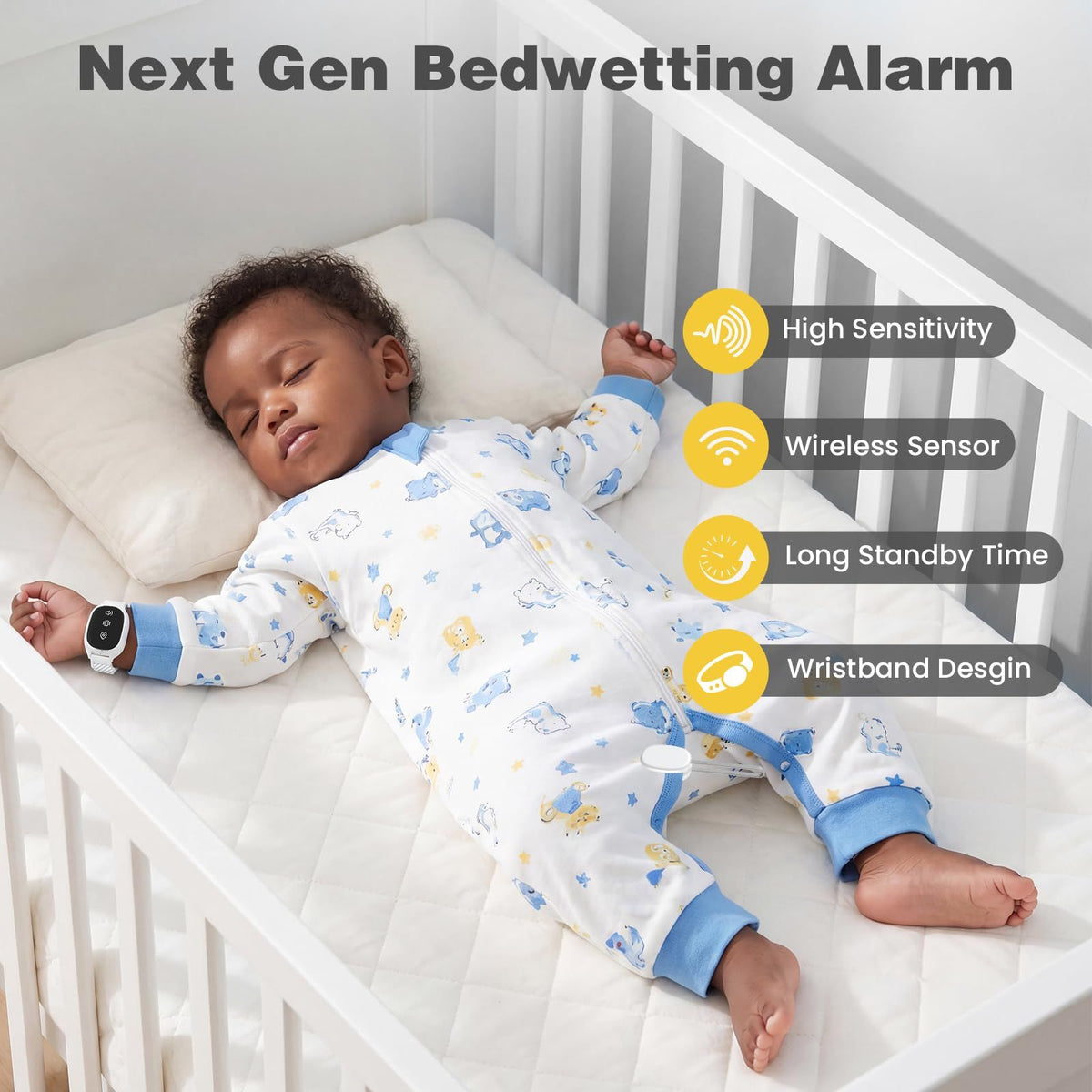 Wireless Bedwetting Alarm for Kids, Watch-Style Bed Wetting Alarm for Boys & Girls, Skin-Friendly Wristband, Vibration & Beep Alerts, High Sensitivity Sensor(White)