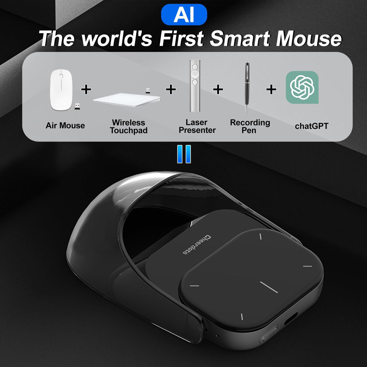 Upgraded AI Voice Mouse - Wireless Air Mouse with AI Voice Assistant, 12 Languages Translation, Meeting Transcription & Summary - Detachable Computer Mouse, Presentation Clicker for Laptop(Black)