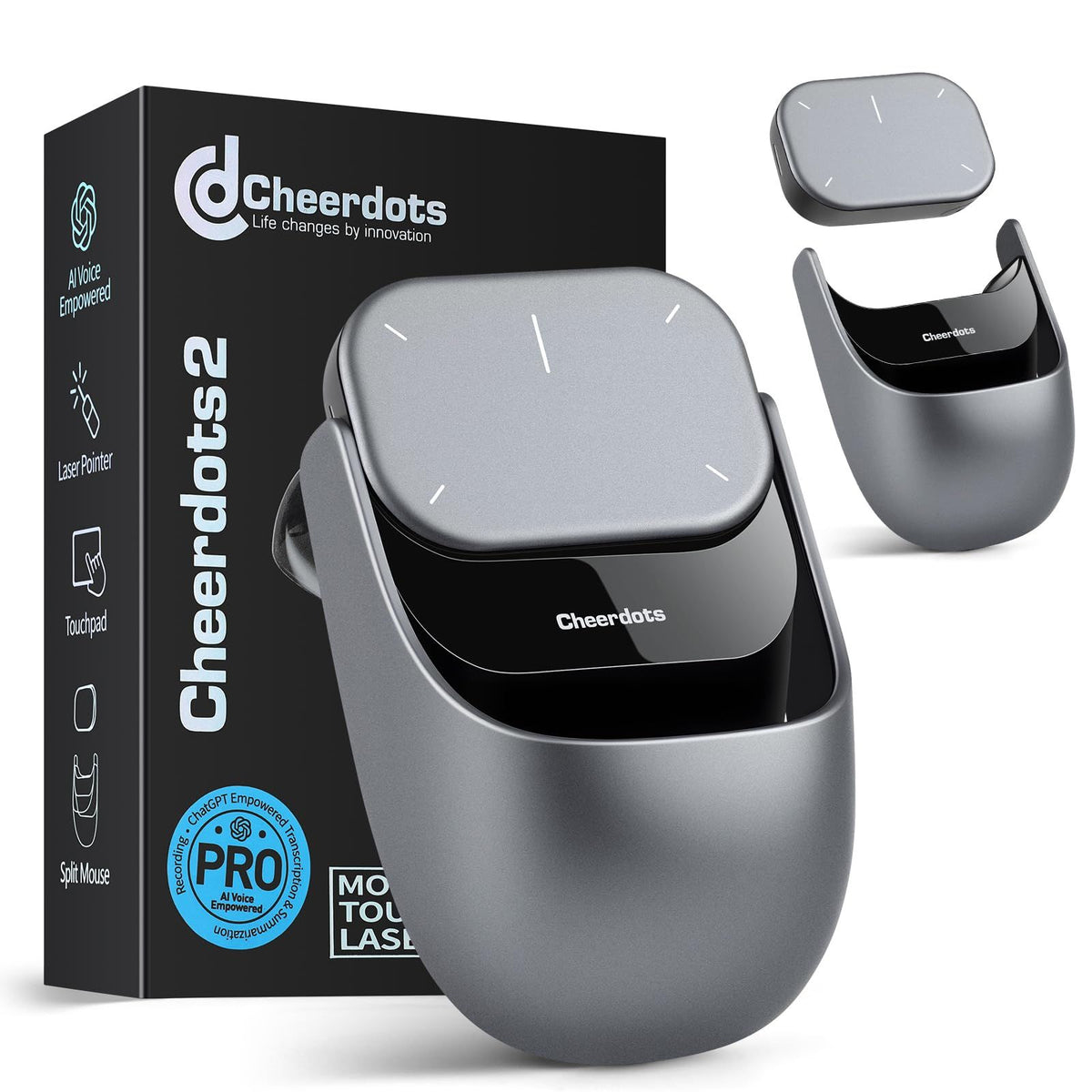 Upgraded AI Voice Mouse - Wireless Air Mouse with AI Voice Assistant, 12 Languages Translation, Meeting Transcription & Summary - Detachable Computer Mouse, Presentation Clicker for Laptop(Silver)