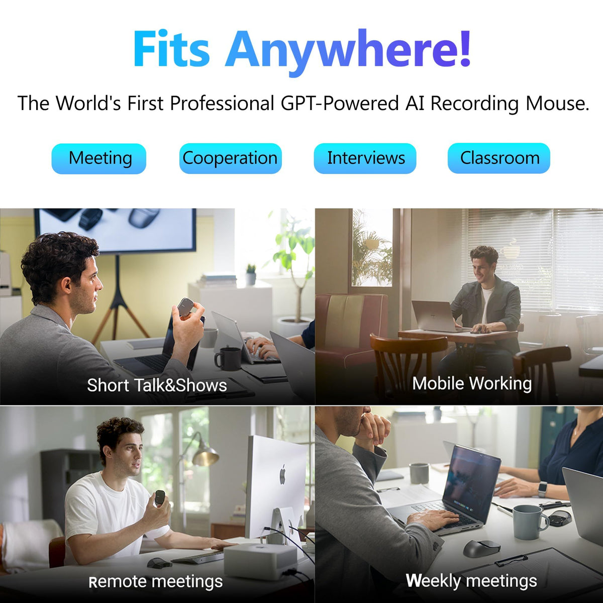 Upgraded AI Voice Mouse - Wireless Air Mouse with AI Voice Assistant, 12 Languages Translation, Meeting Transcription & Summary - Detachable Computer Mouse, Presentation Clicker for Laptop(Silver)